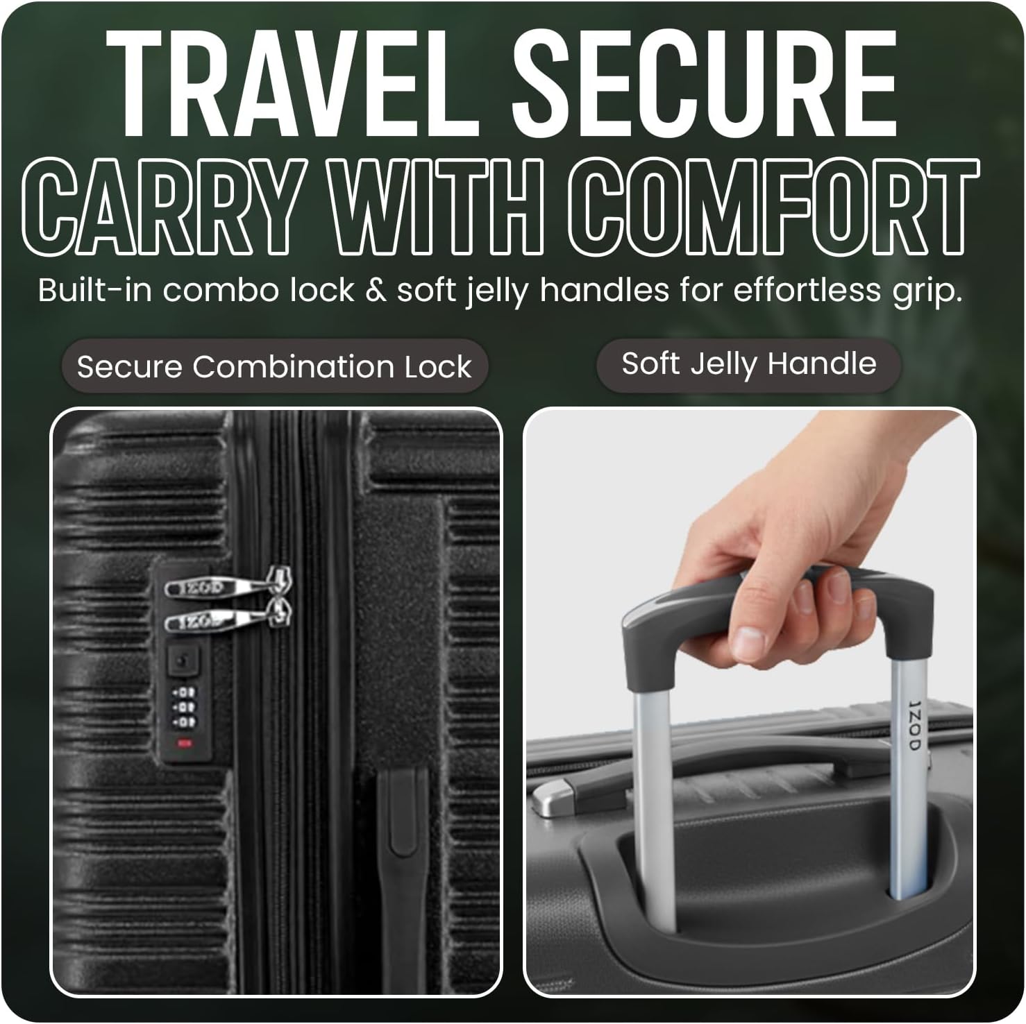 Black suitcase with combo lock and soft jelly handle, featuring text 'Travel Secure Carry with Comfort'.