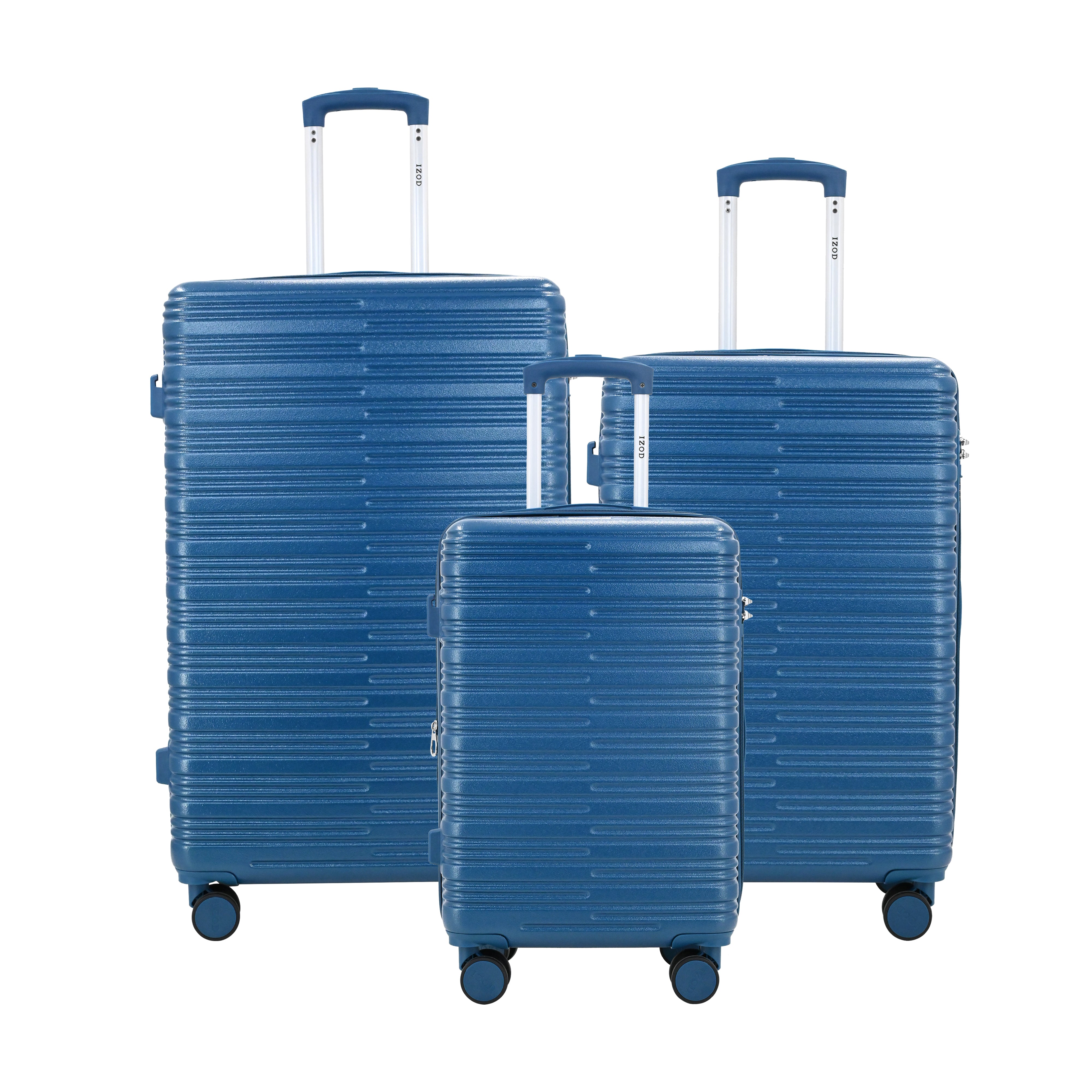 Set of three blue suitcases of different sizes on a white background