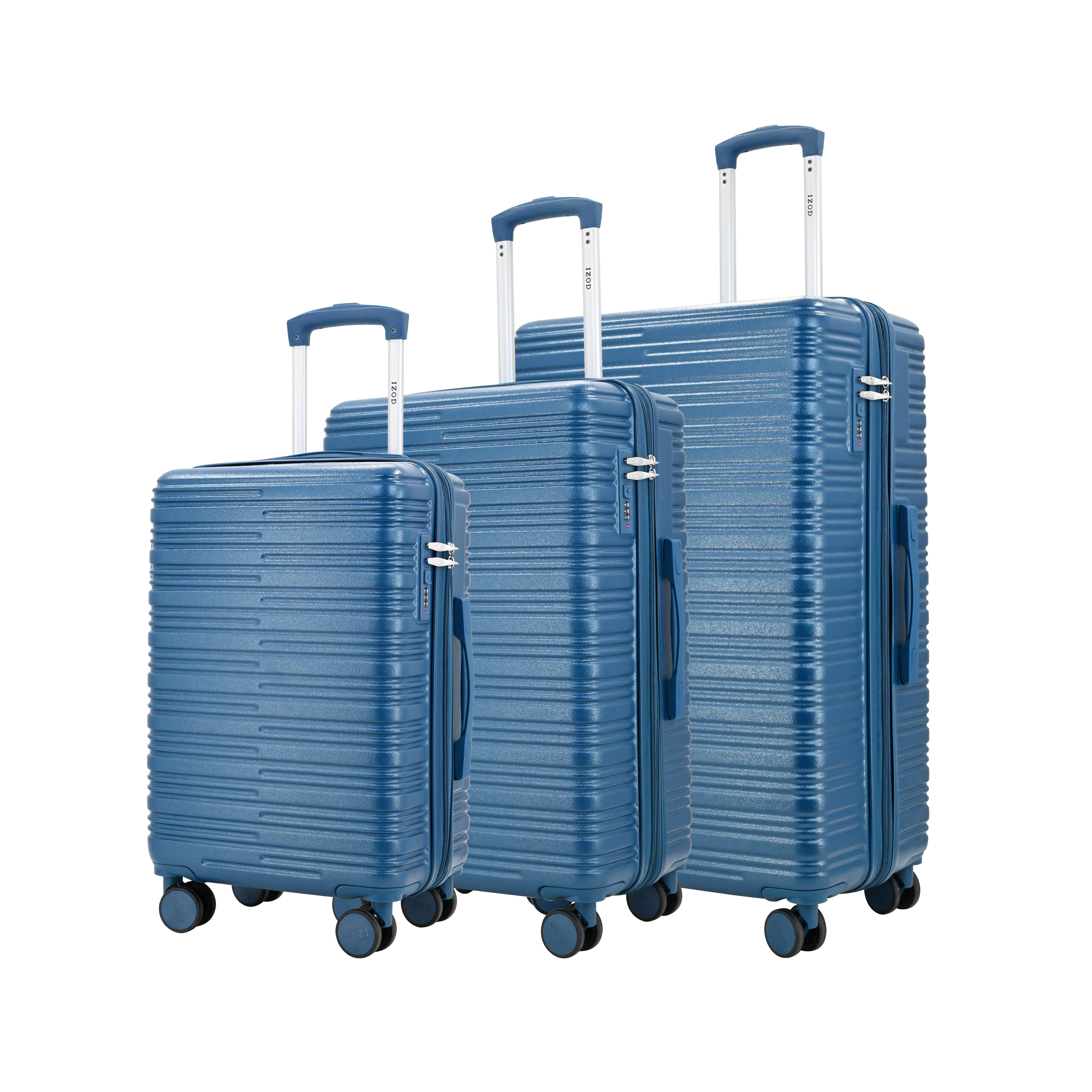 Set of three blue suitcases of different sizes on a white background