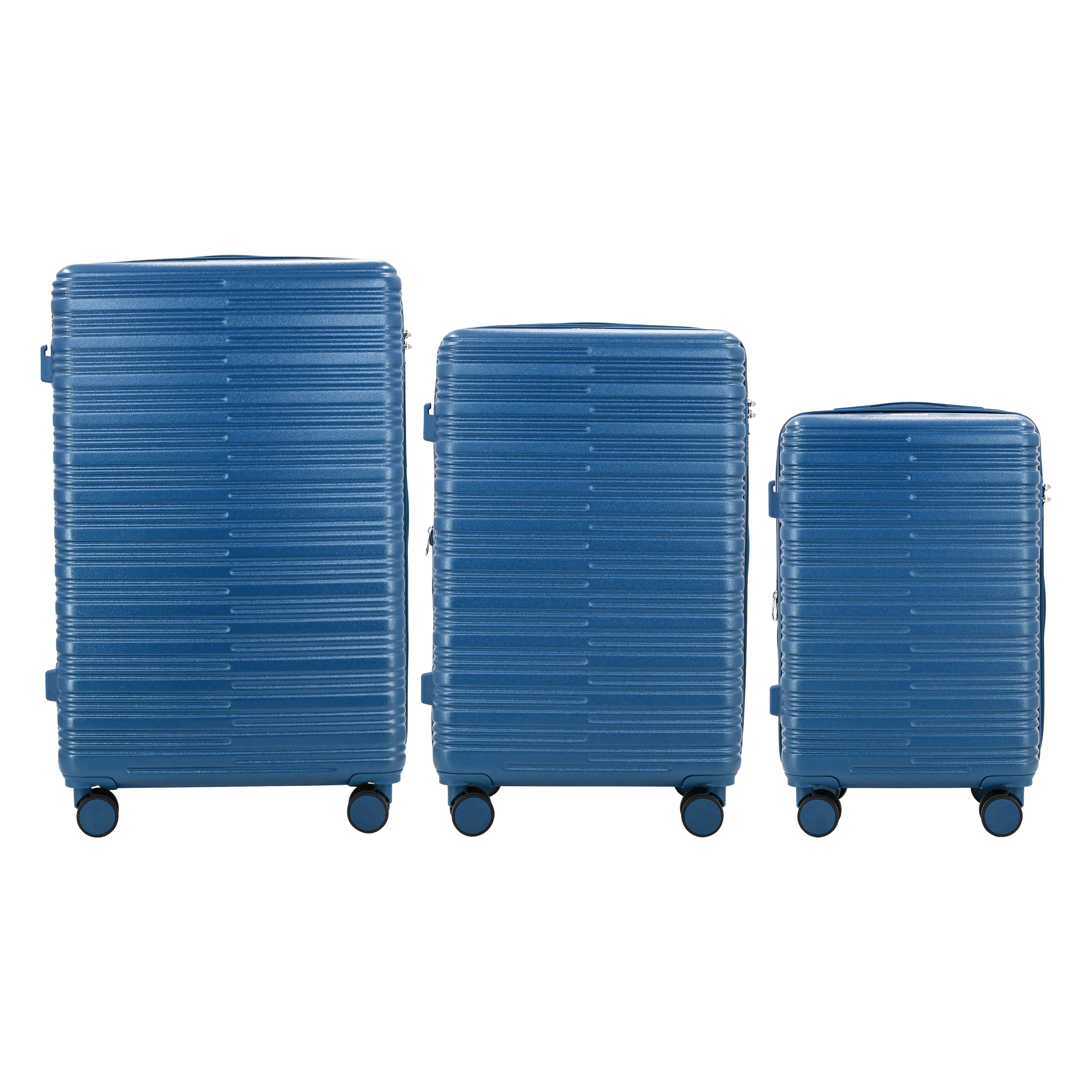 Set of three blue suitcases of different sizes on a white background
