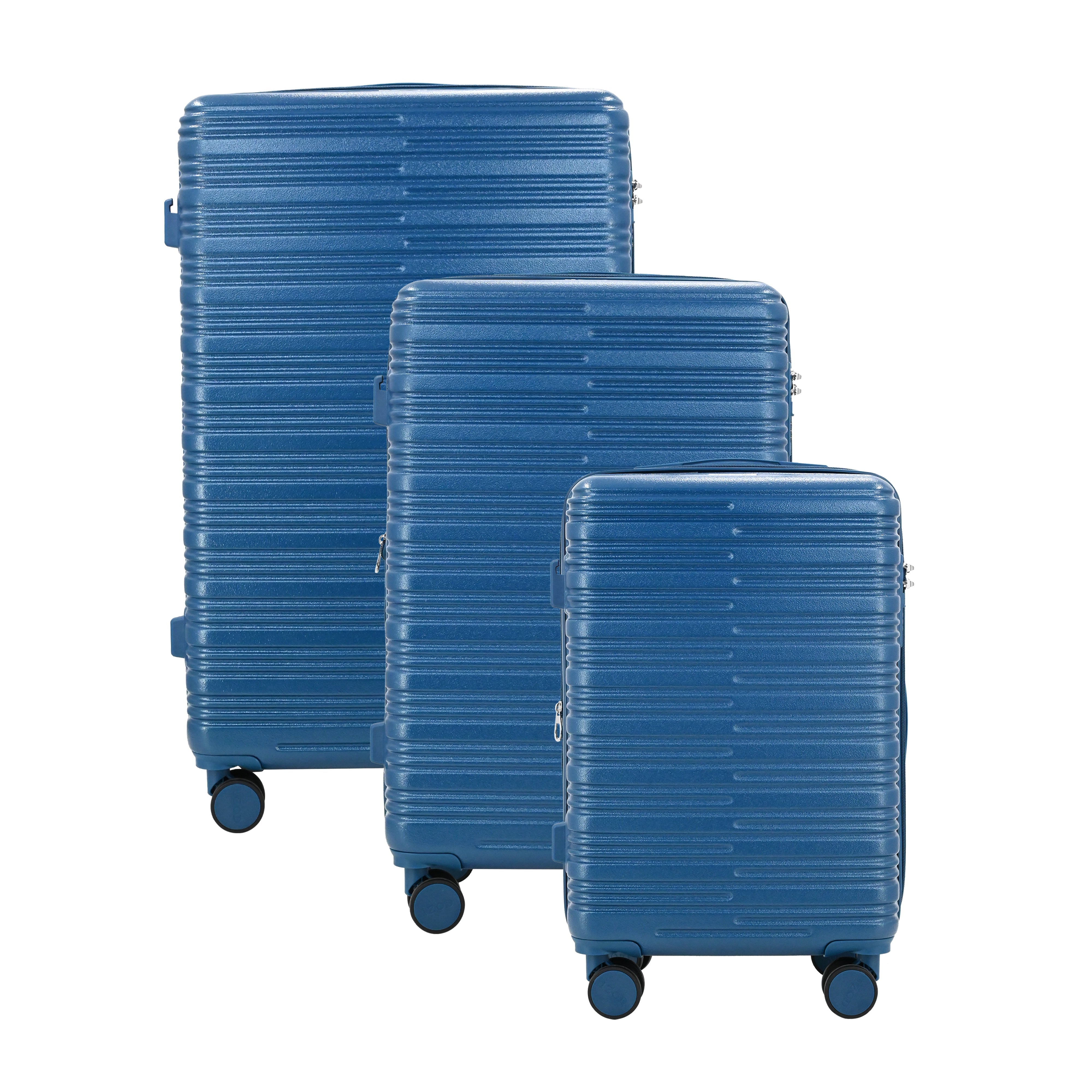 Set of three blue suitcases of different sizes on a white background