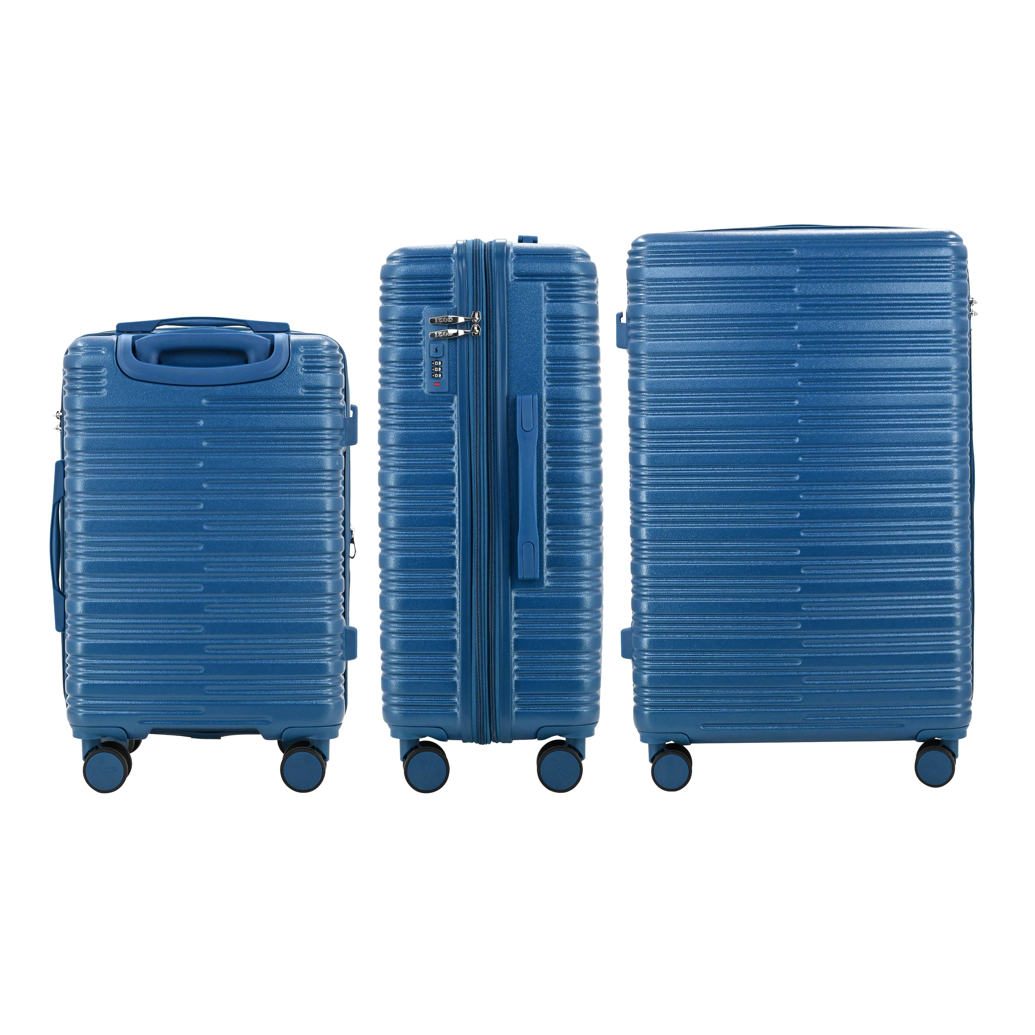 Set of three blue suitcases of different sizes on a white background