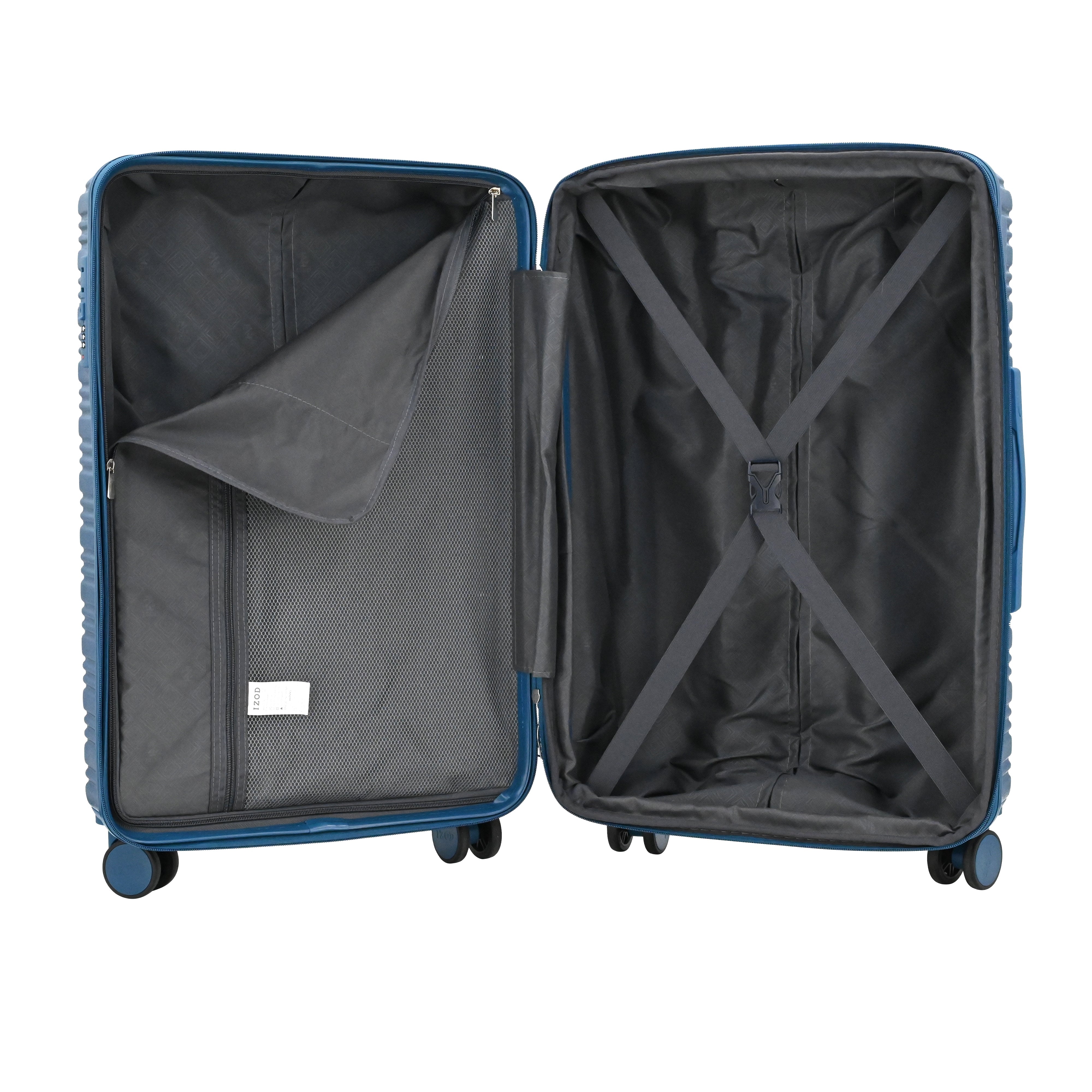 Open blue suitcase with black interior on a white background