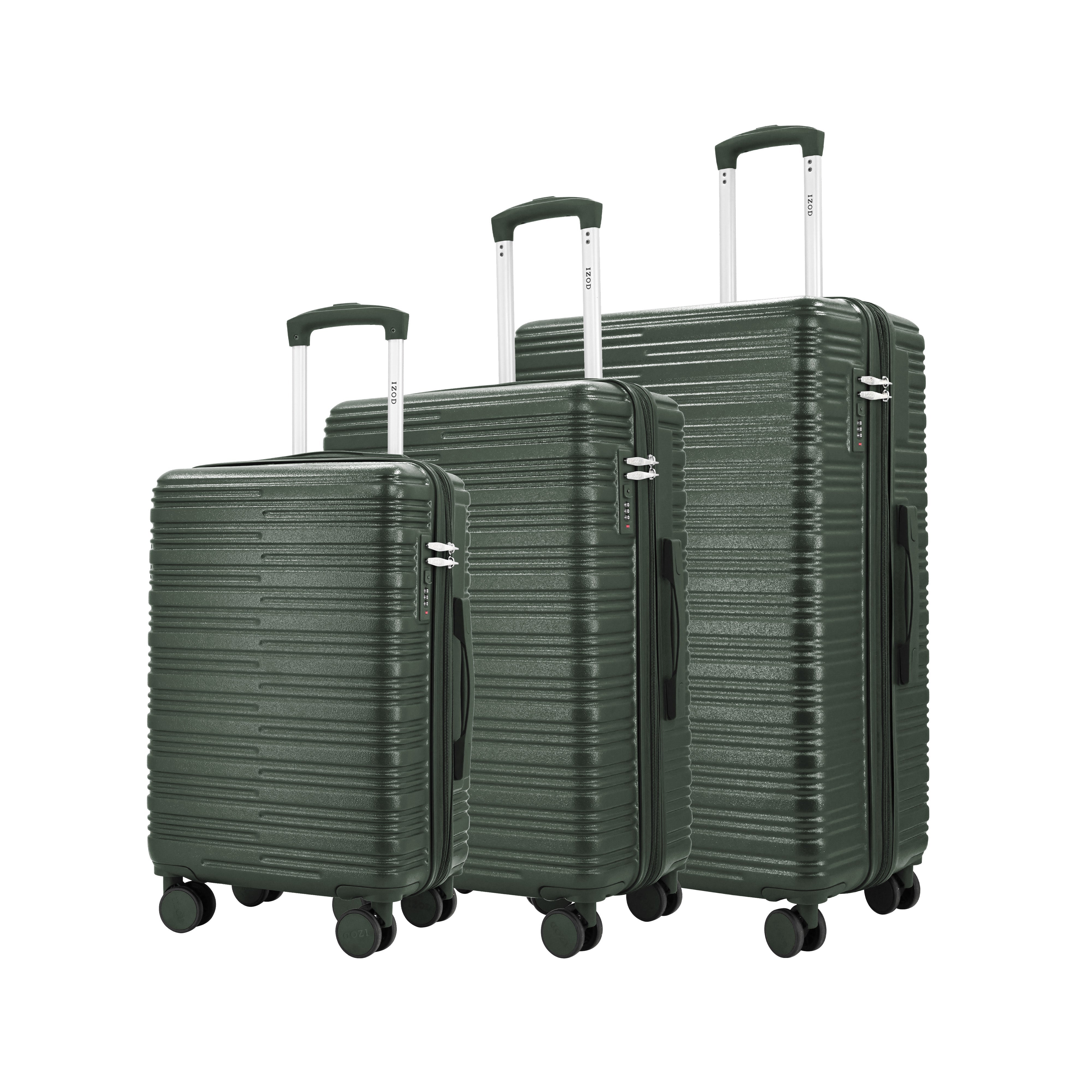 Set of three green suitcases of different sizes on a white background