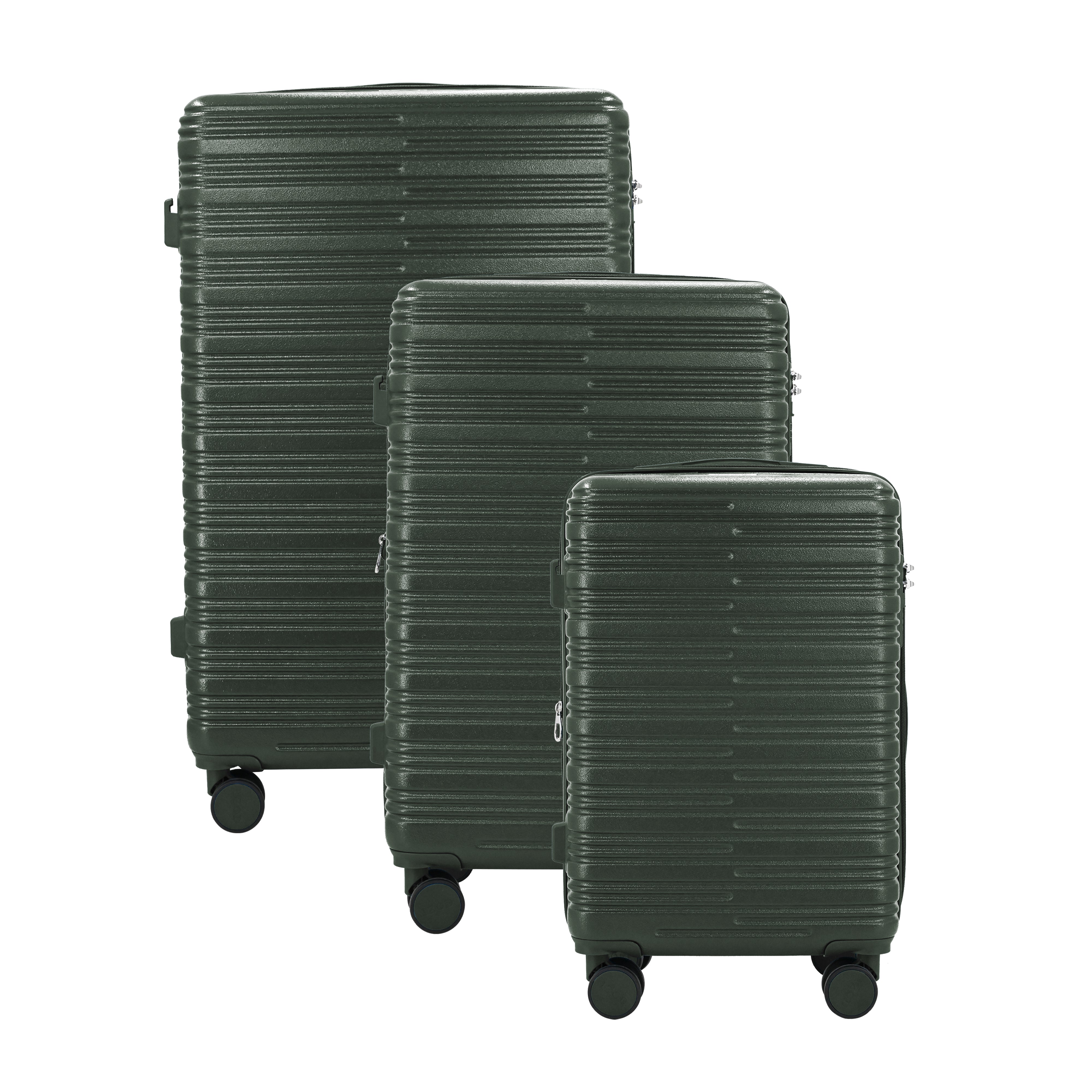 Set of three black suitcases of different sizes on a white background