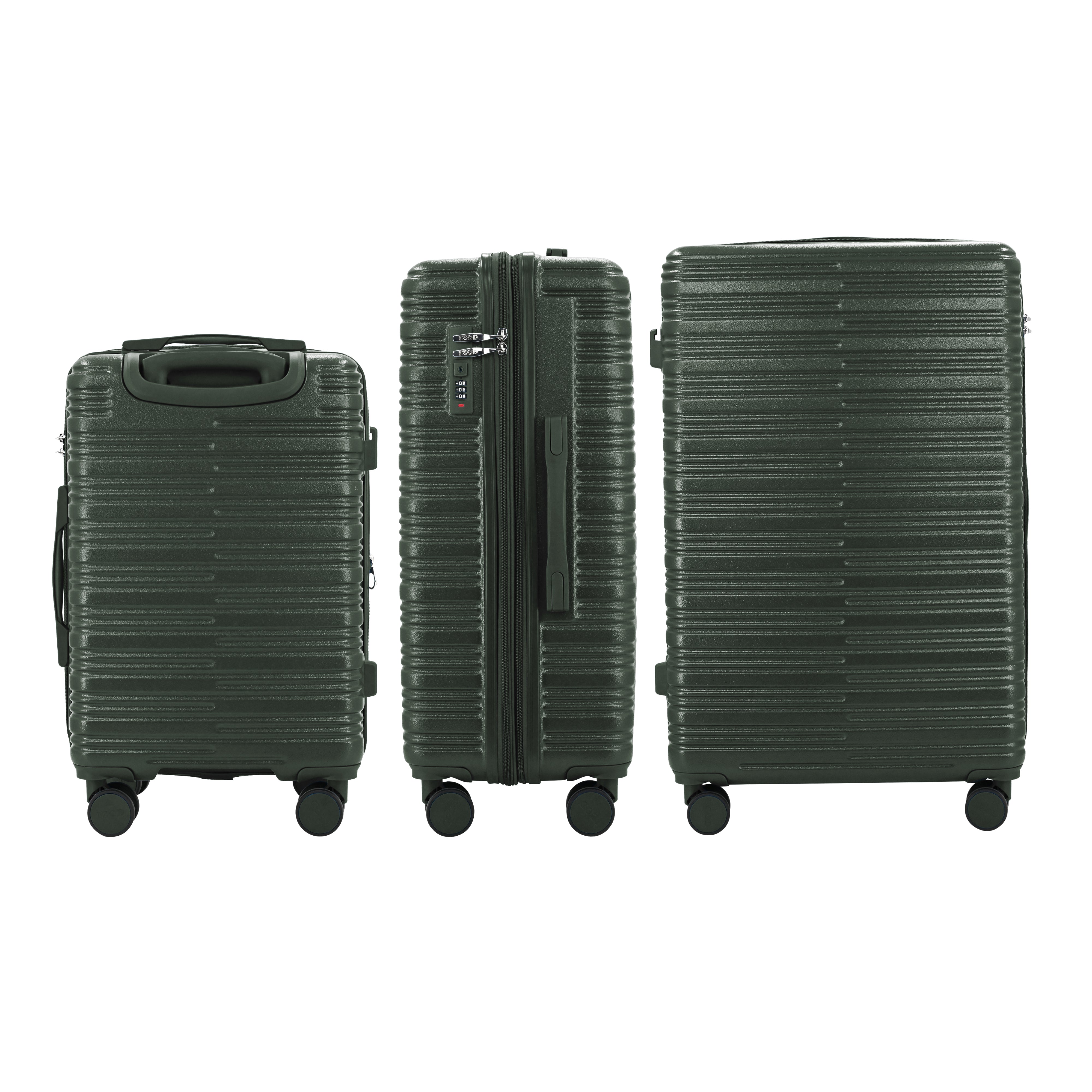 Three green suitcases of different sizes on a white background