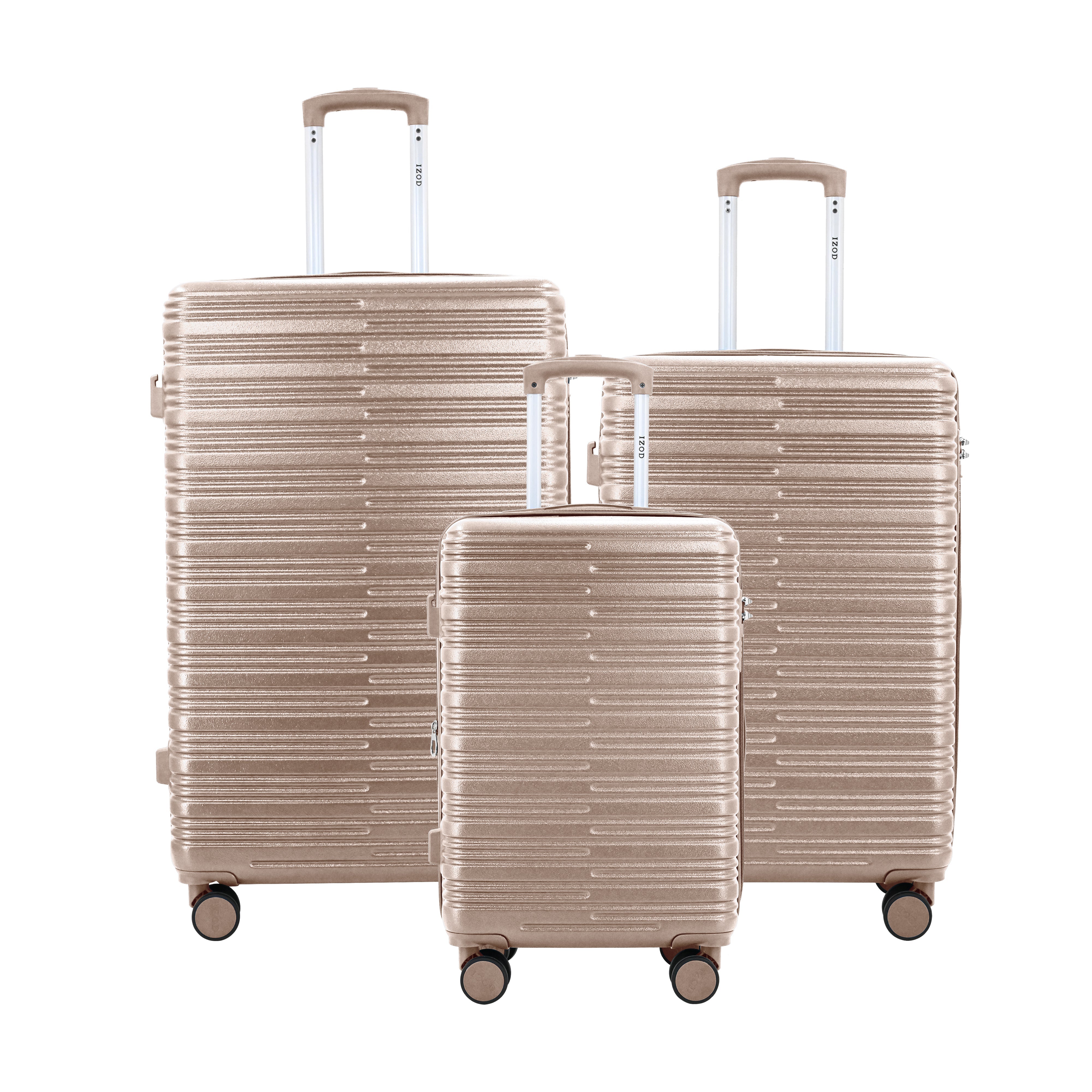 Set of three beige suitcases with striped pattern on a white background