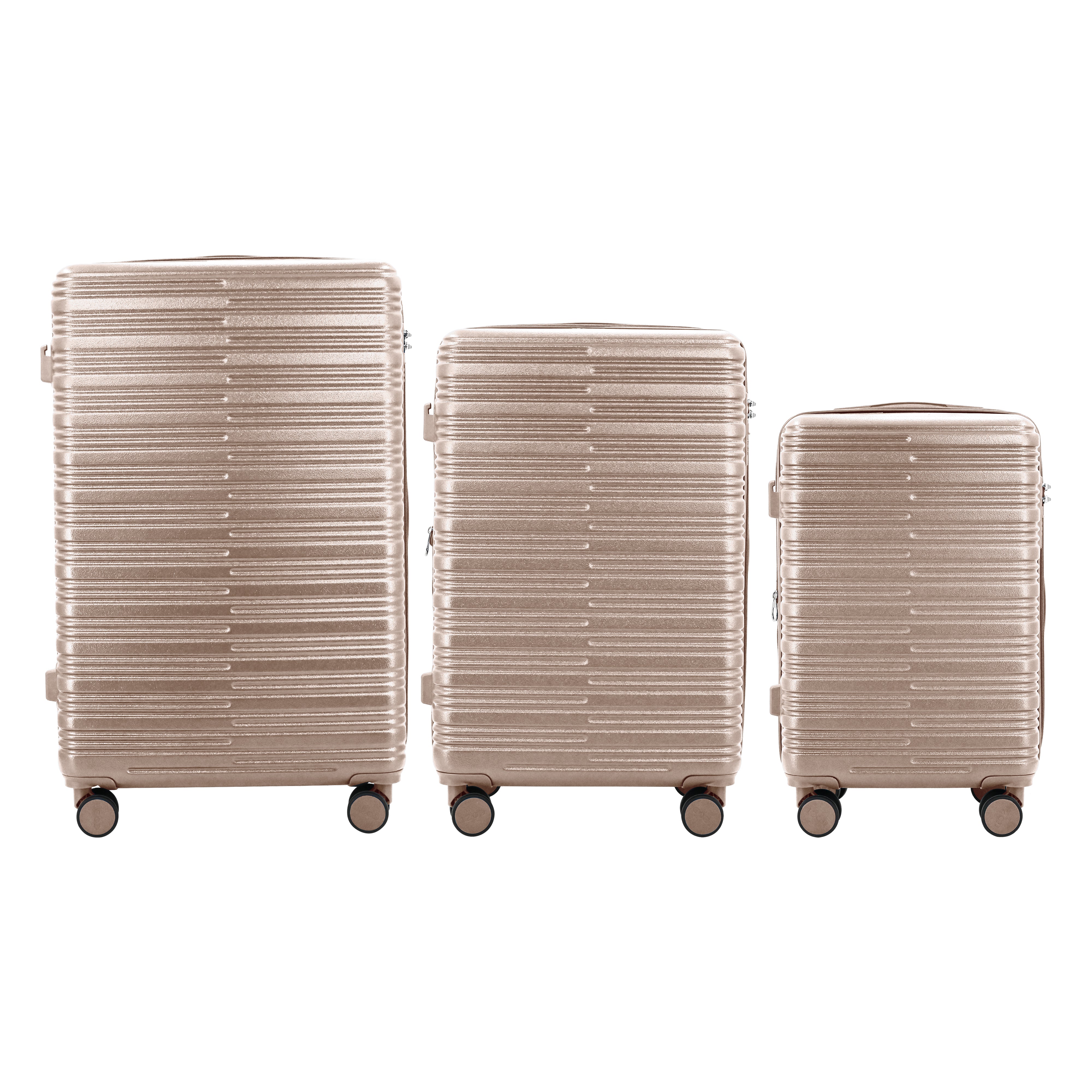Set of three beige suitcases of different sizes on a white background
