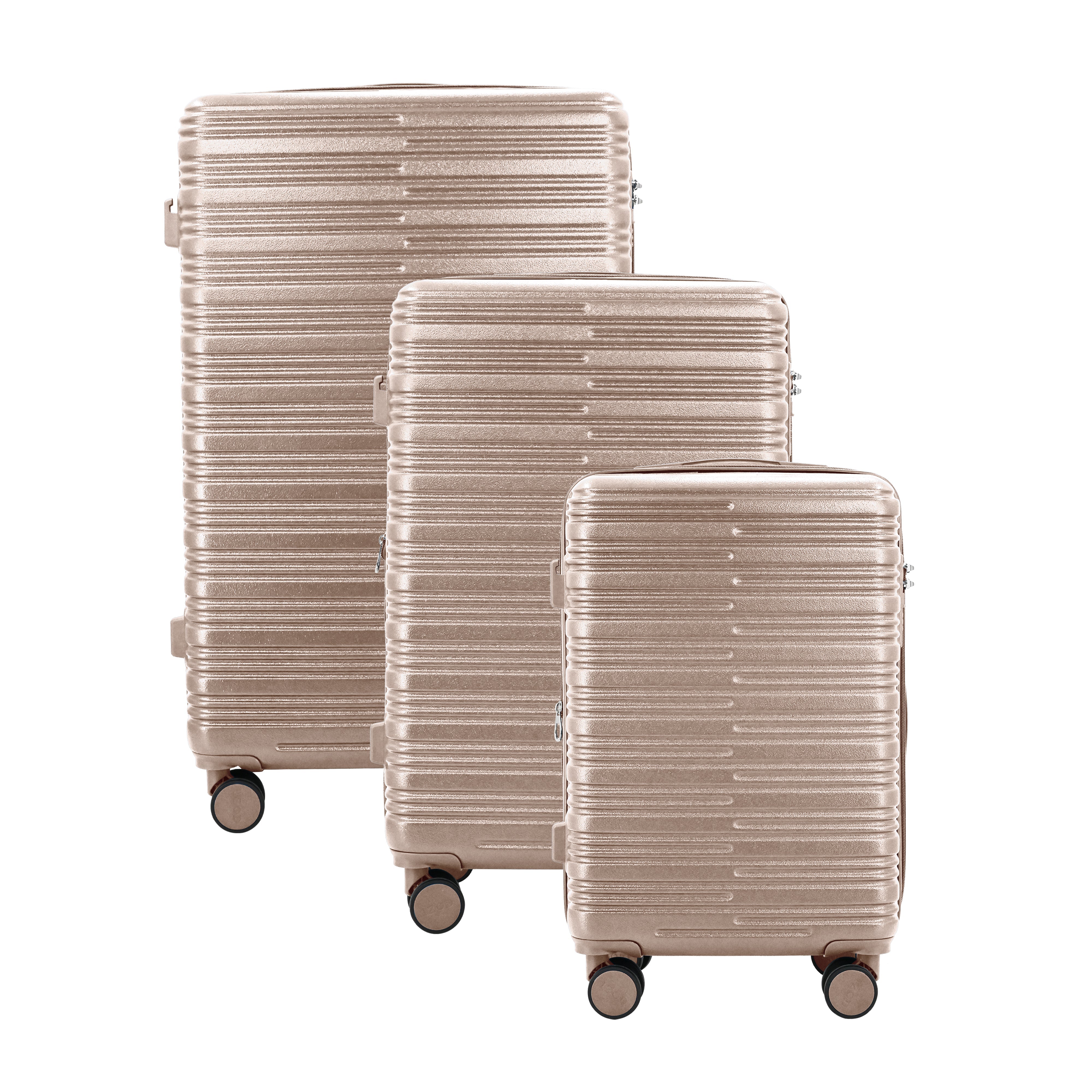 Set of three metallic silver suitcases on a white background