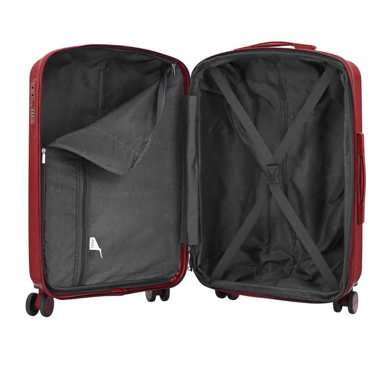 Open red suitcase with black interior on a white background