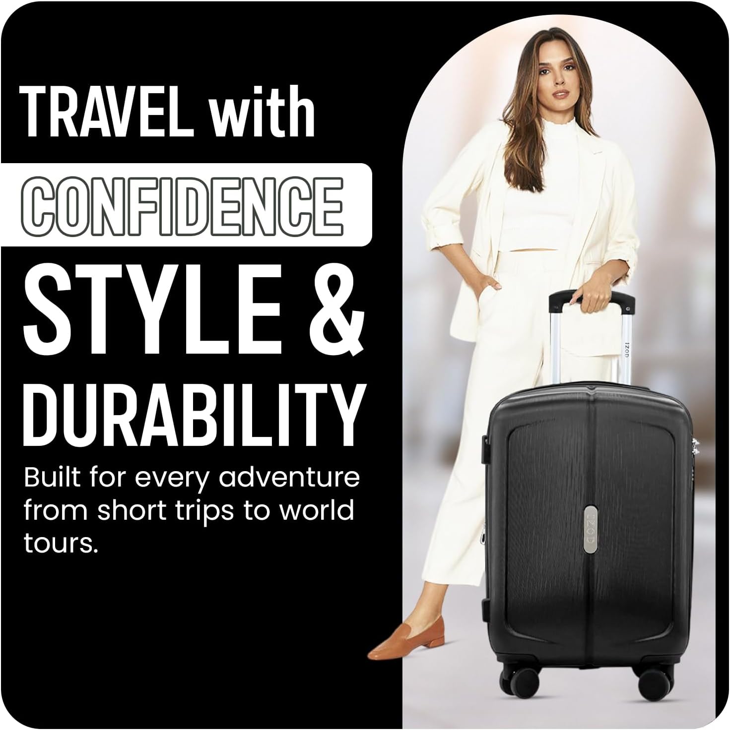 Woman holding a black suitcase with promotional text about travel confidence, style, and durability.