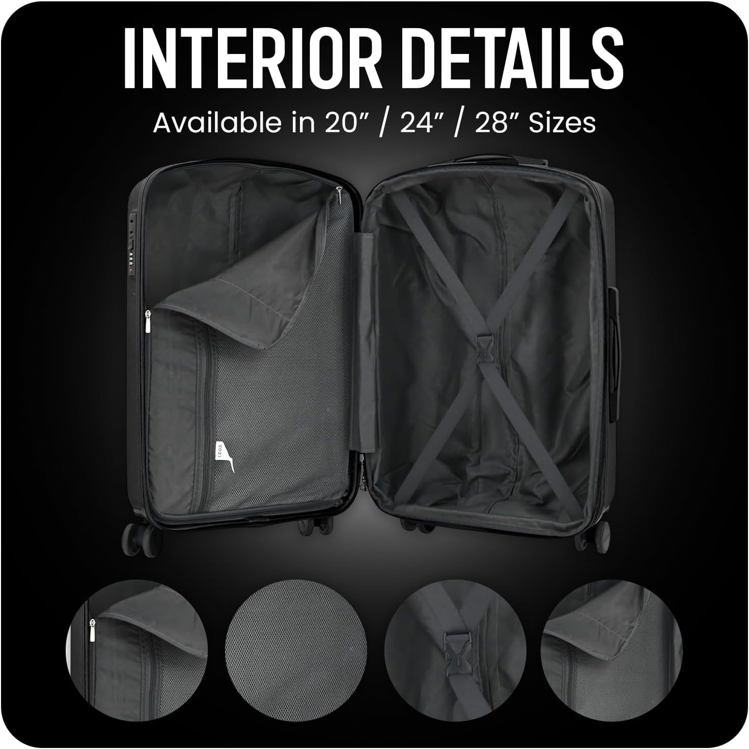 Open suitcase with interior details on a black background, showing available sizes.