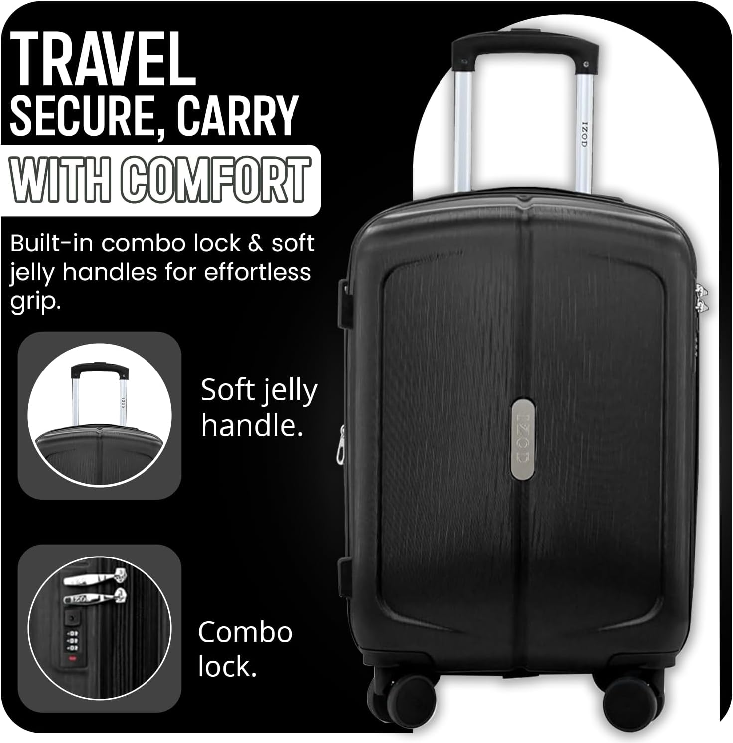 Black suitcase with combo lock and soft jelly handle on a black background with text about travel security and comfort.