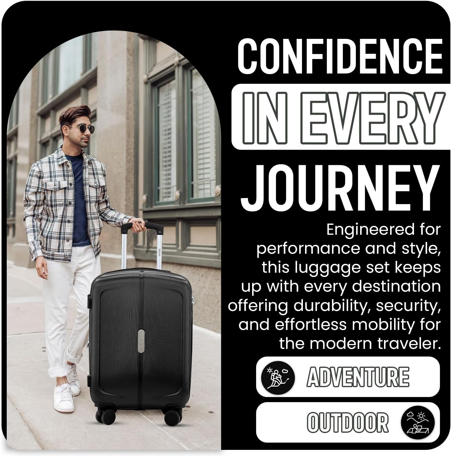 Man walking with a suitcase on a sidewalk, promotional text about luggage set.