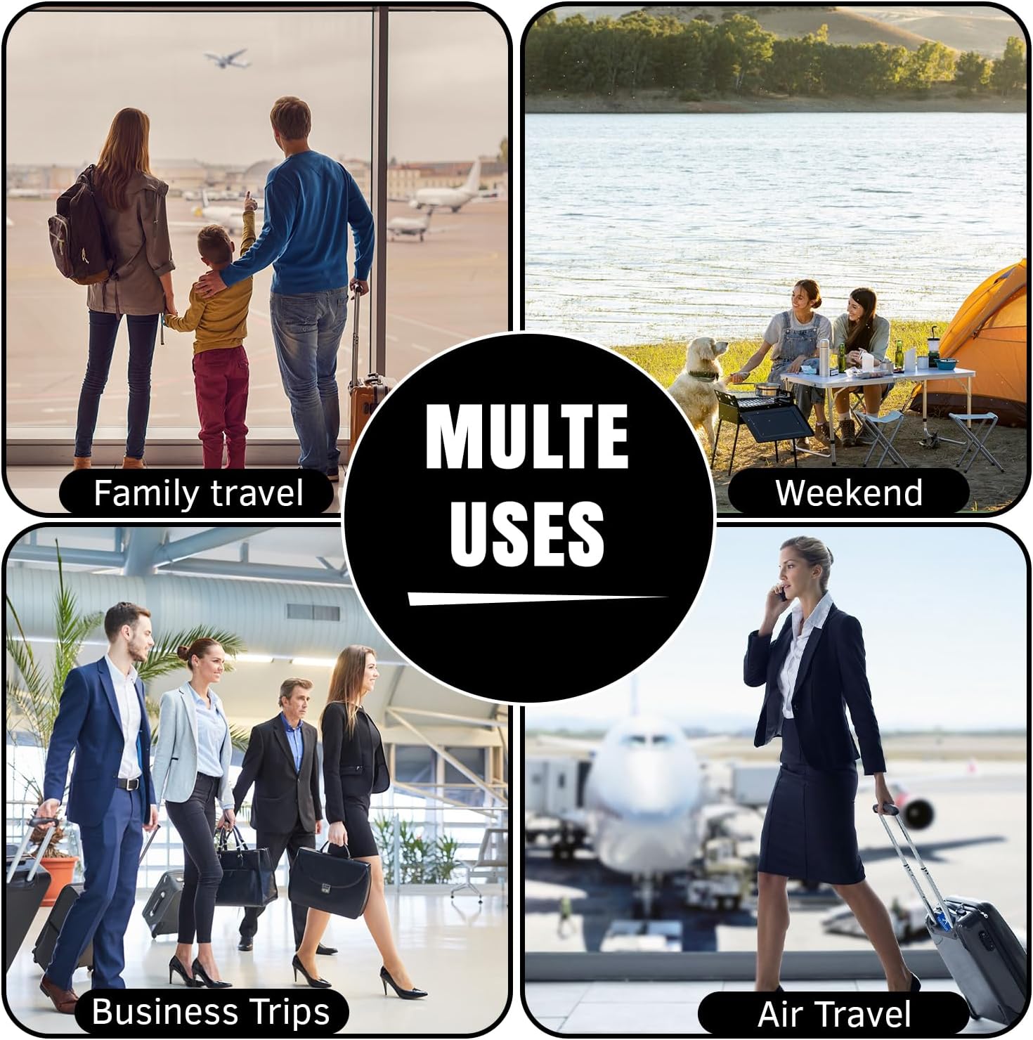 Collage of people in various travel scenarios with text labels for family travel, weekend, business trips, and air travel.