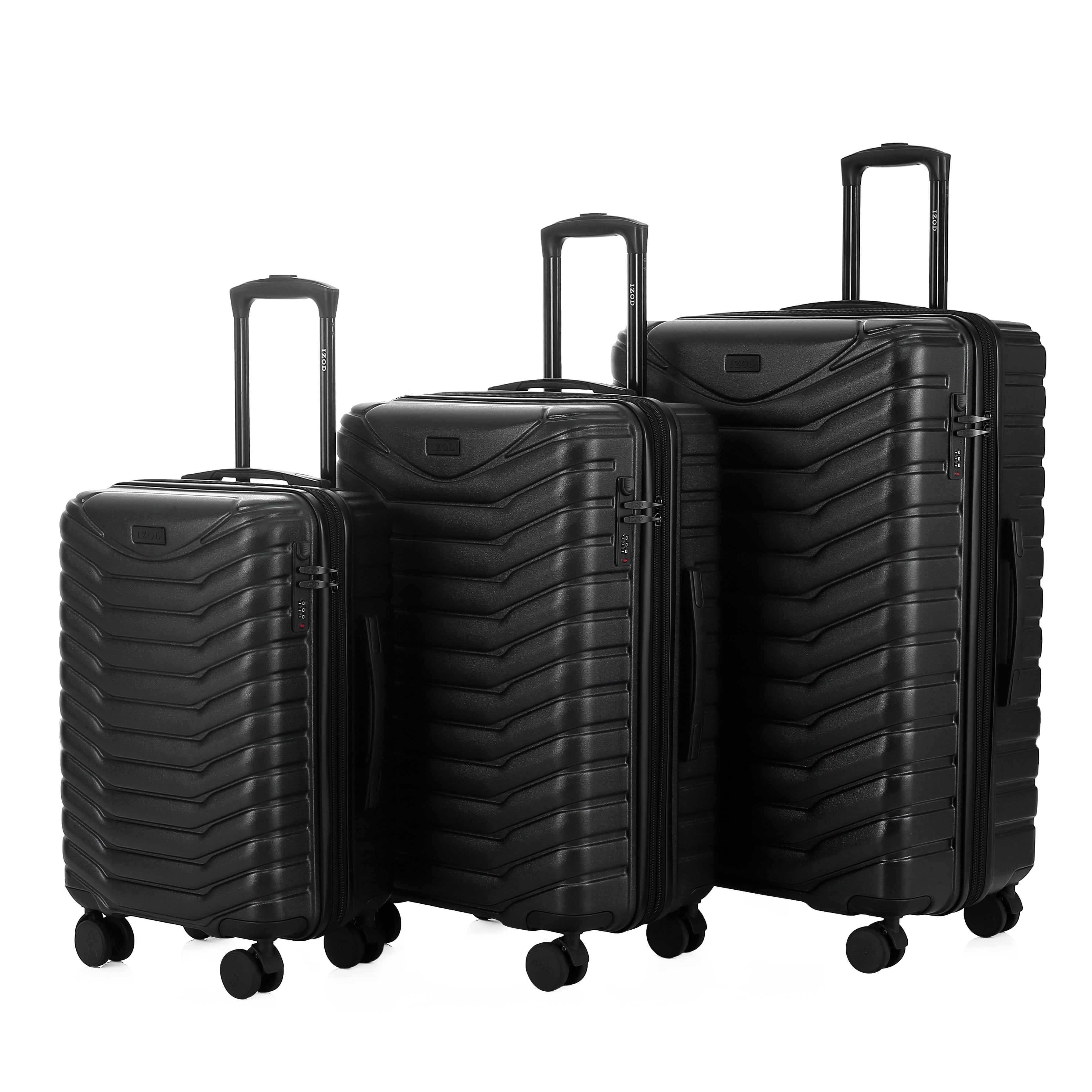 Set of three navy blue suitcases with a textured surface on a white background