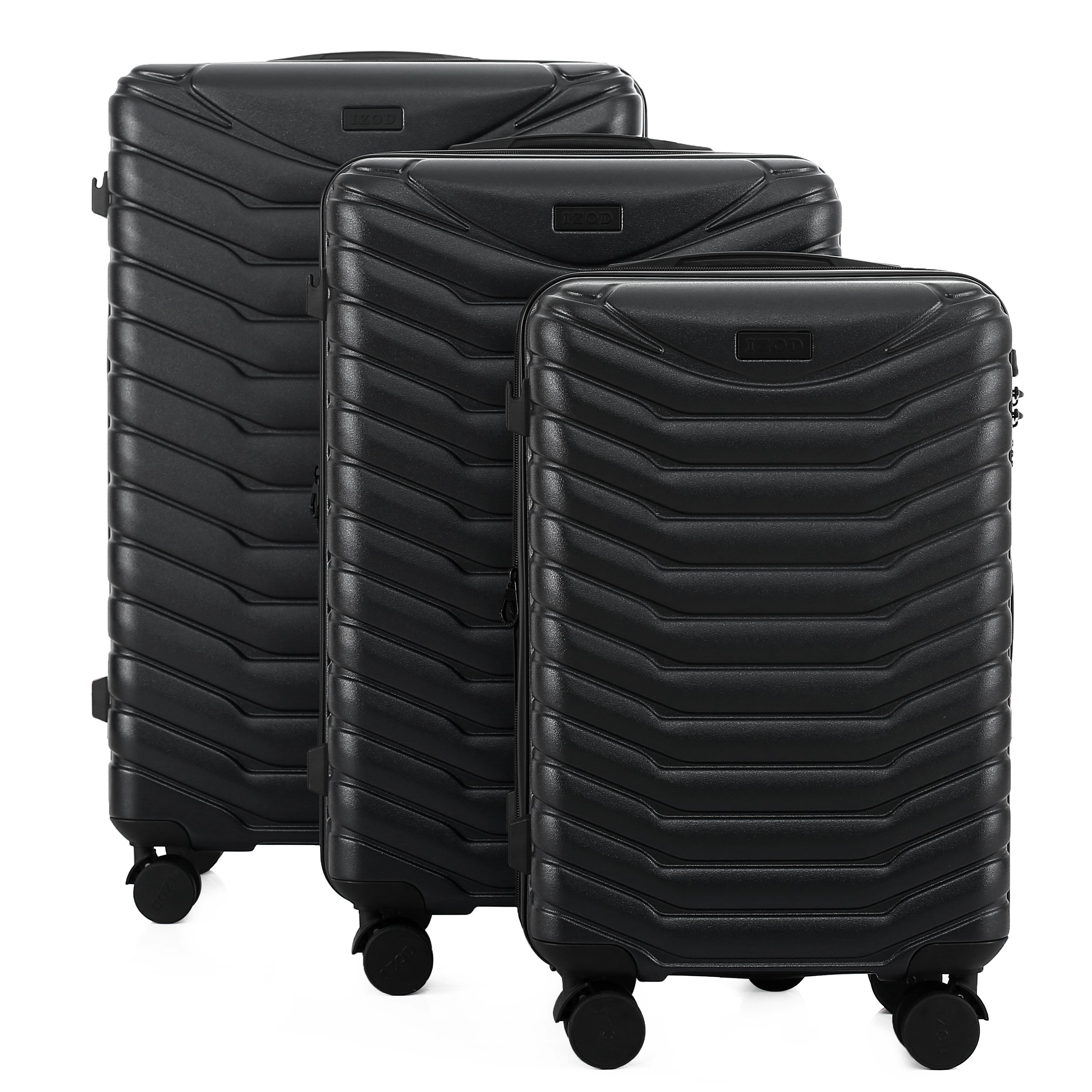 Three black suitcases of different sizes stacked on a white background