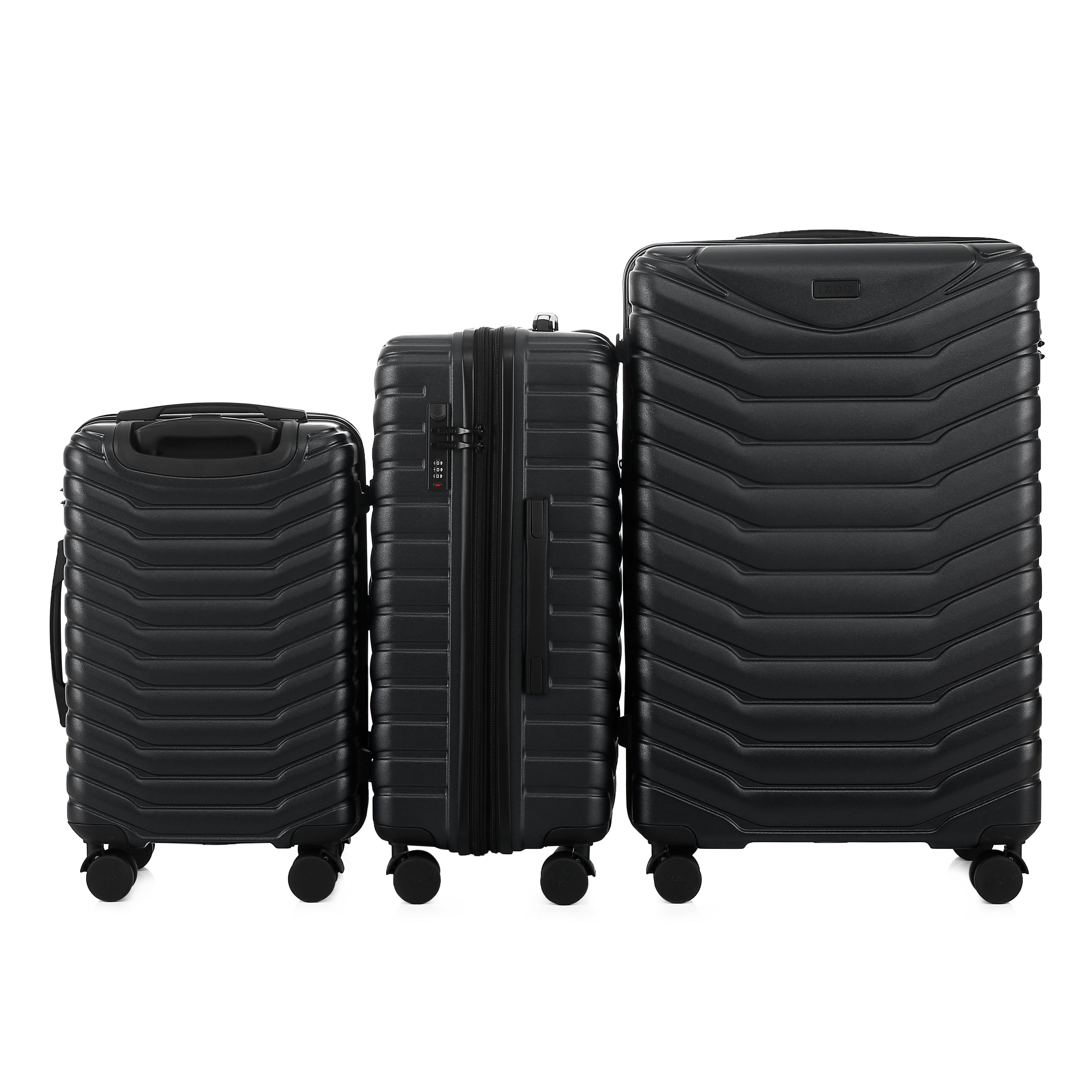 Three black suitcases of different sizes on a white background