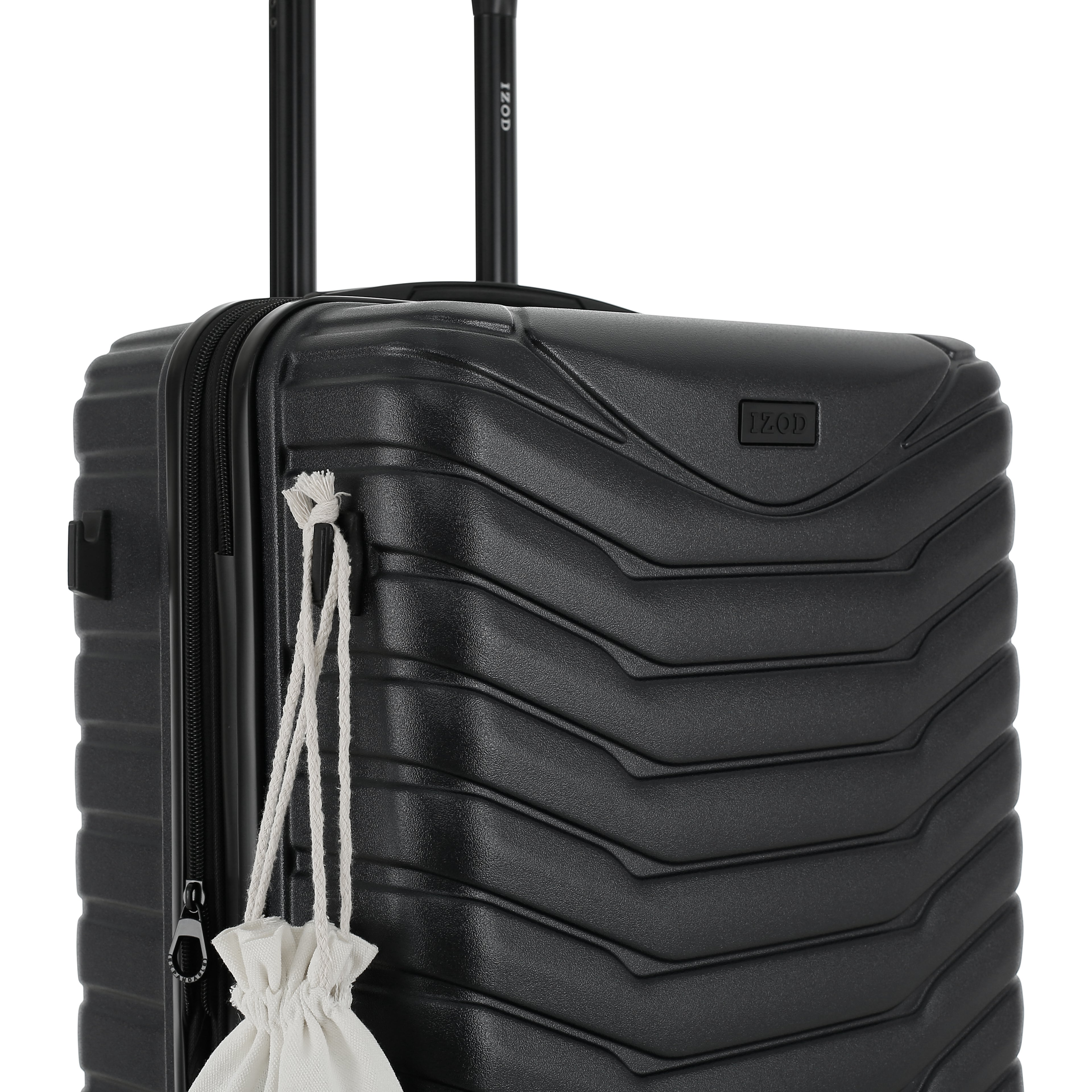 Black suitcase with a drawstring bag attached on a white background