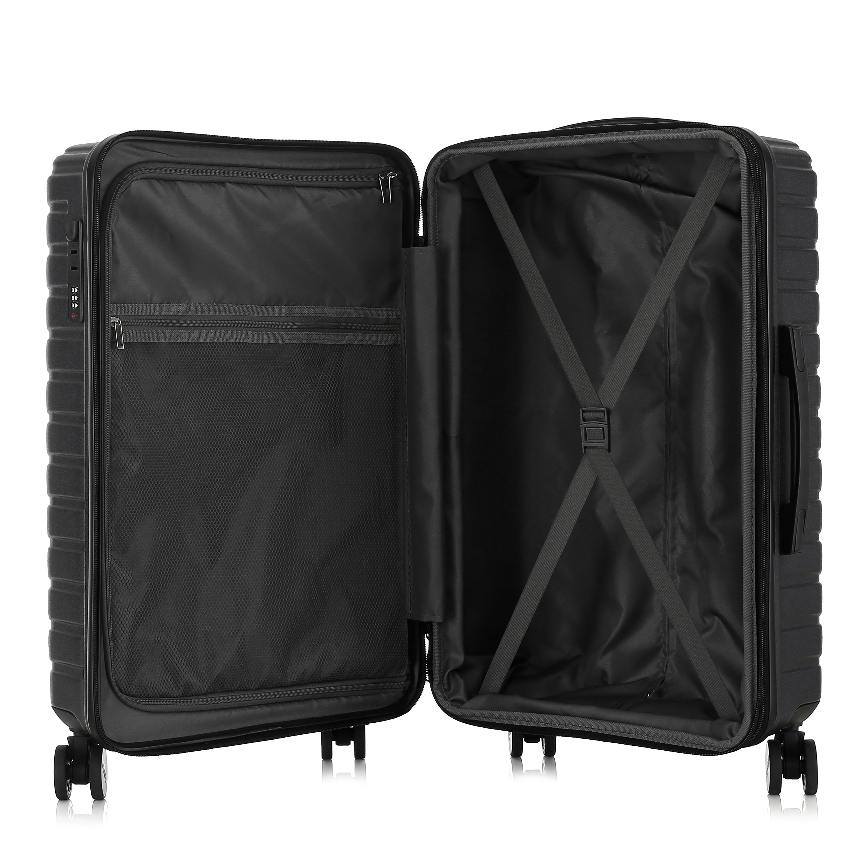 Open black suitcase on a white background