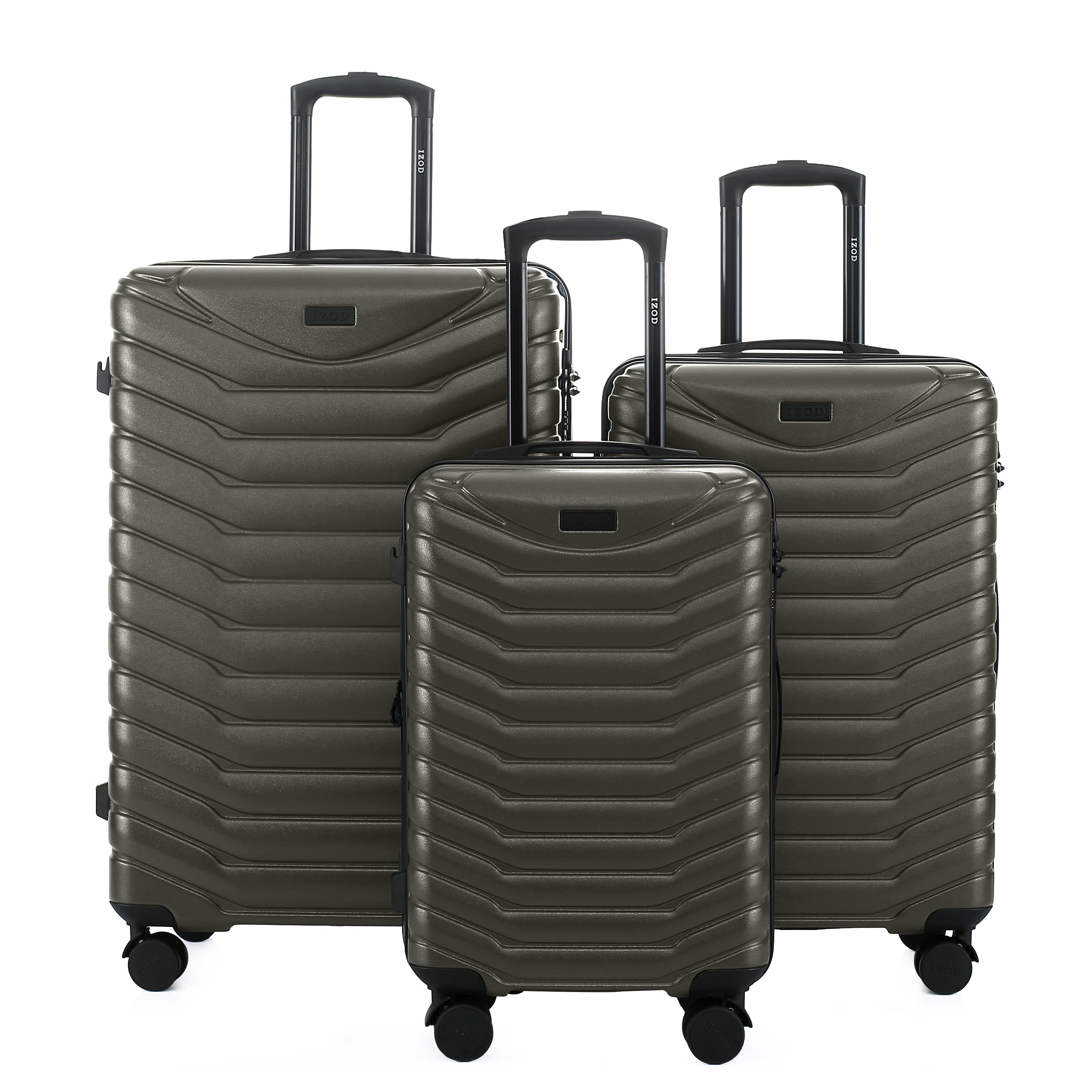 Set of three olive green suitcases with wheels on a white background