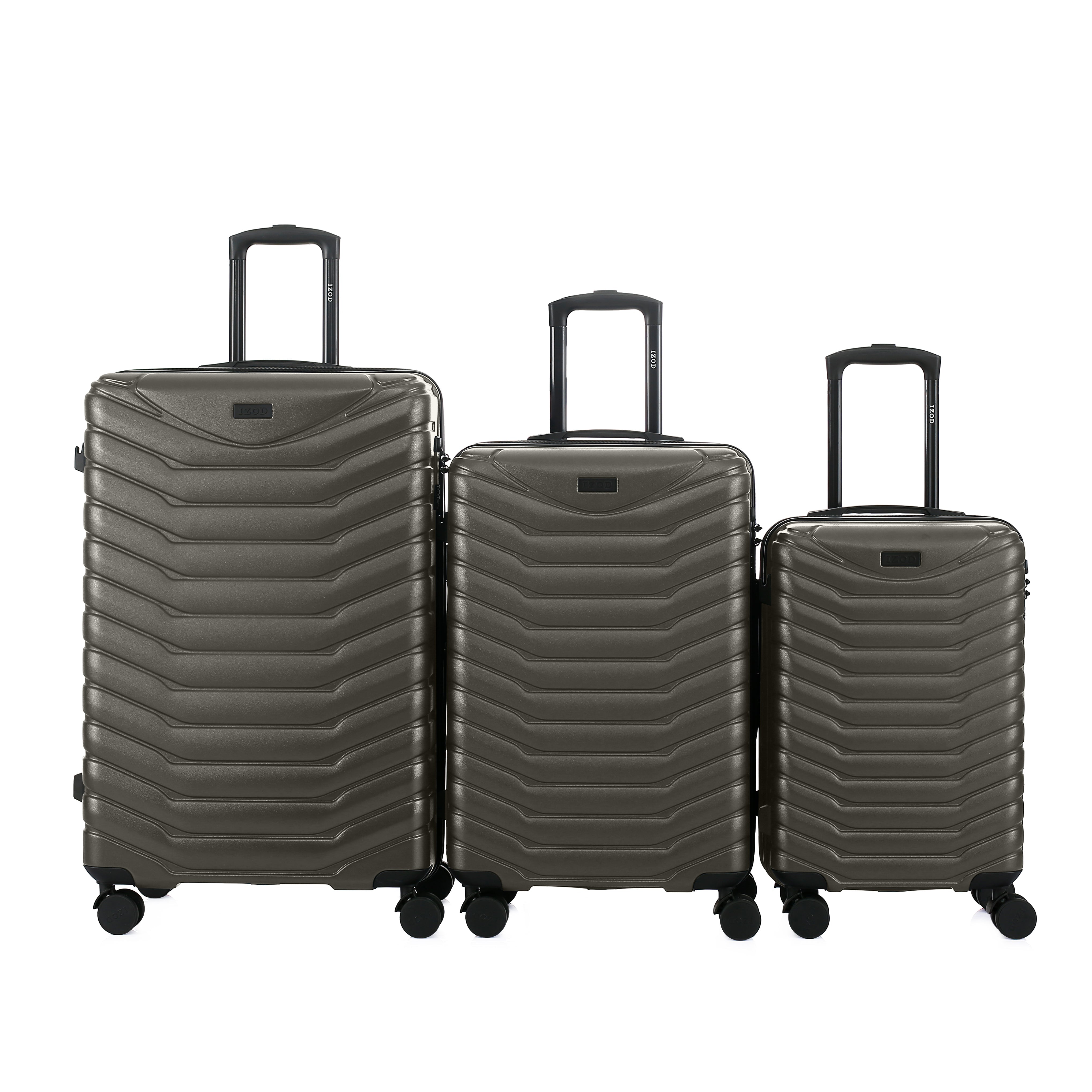 Set of three gray suitcases with a textured surface on a white background
