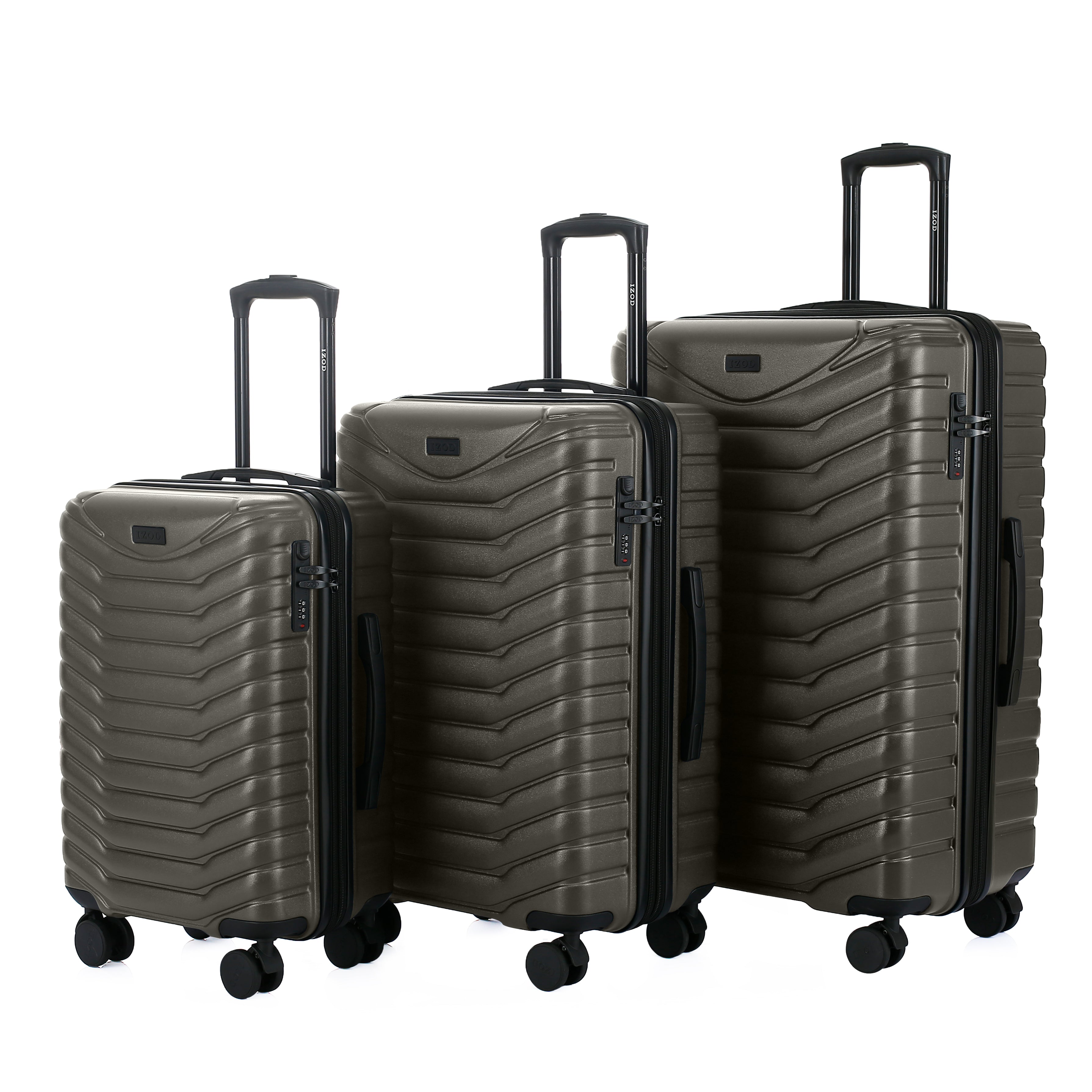 Set of three gray suitcases with black handles and wheels on a white background