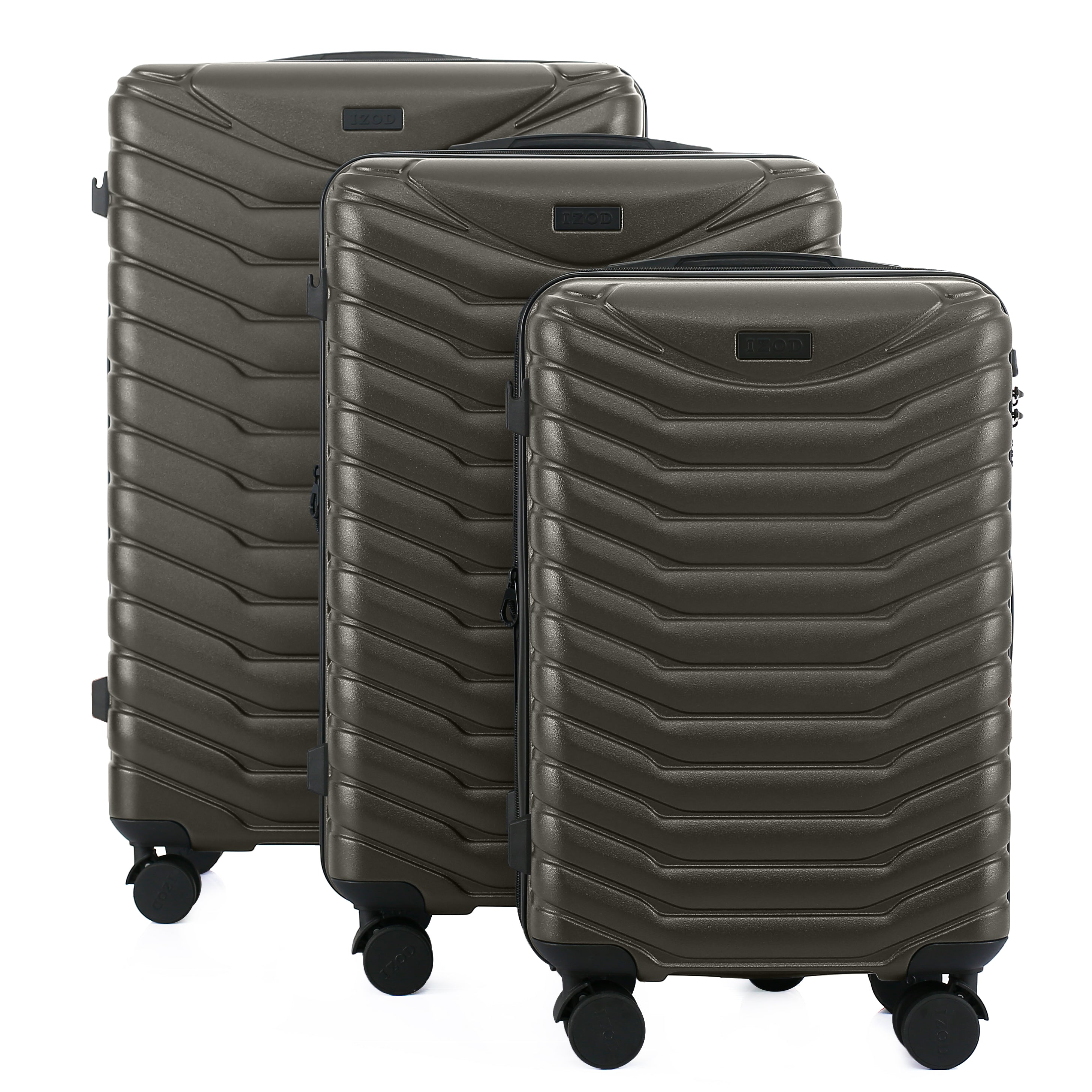 Three dark gray suitcases of different sizes on a white background