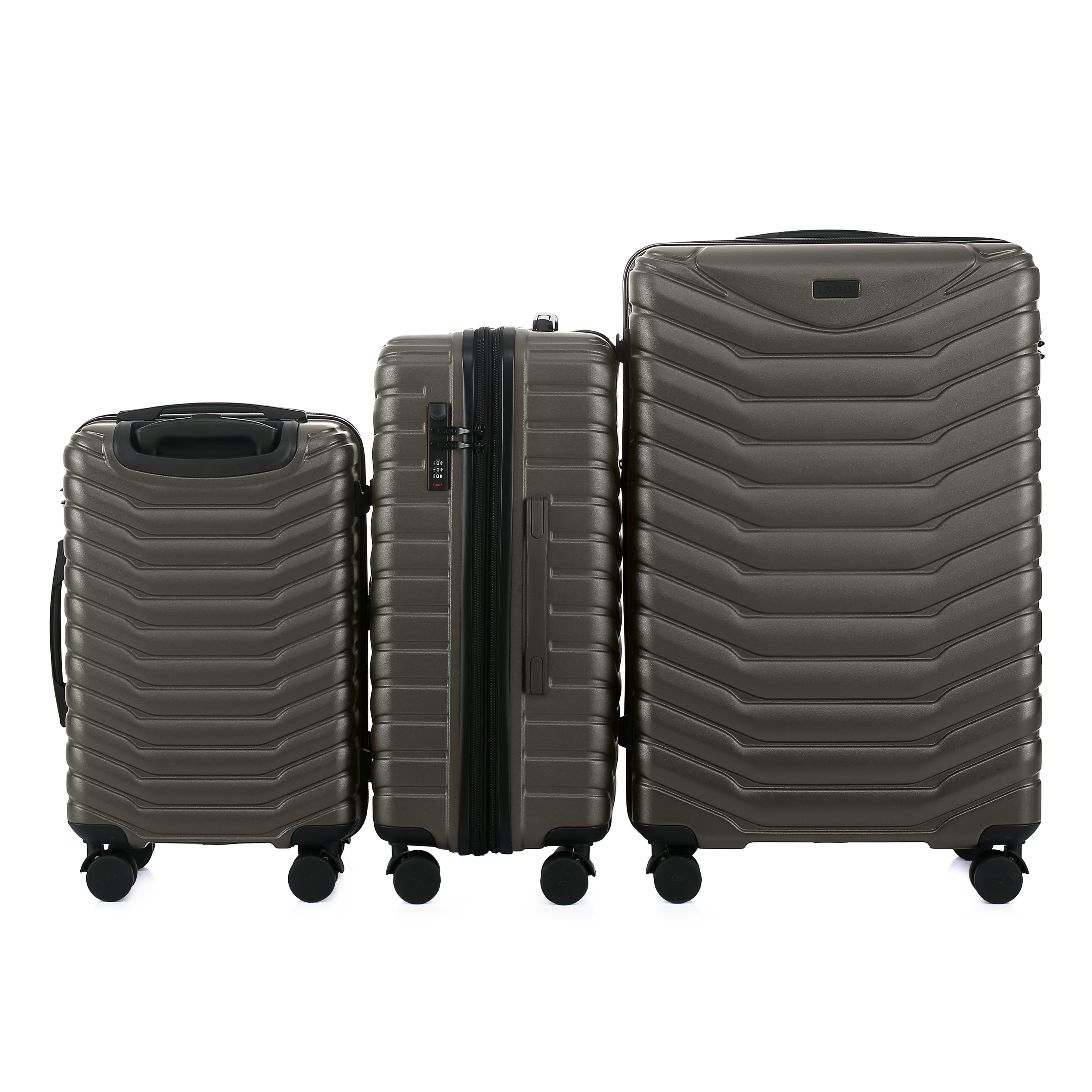 Three sizes of dark gray suitcases on a white background