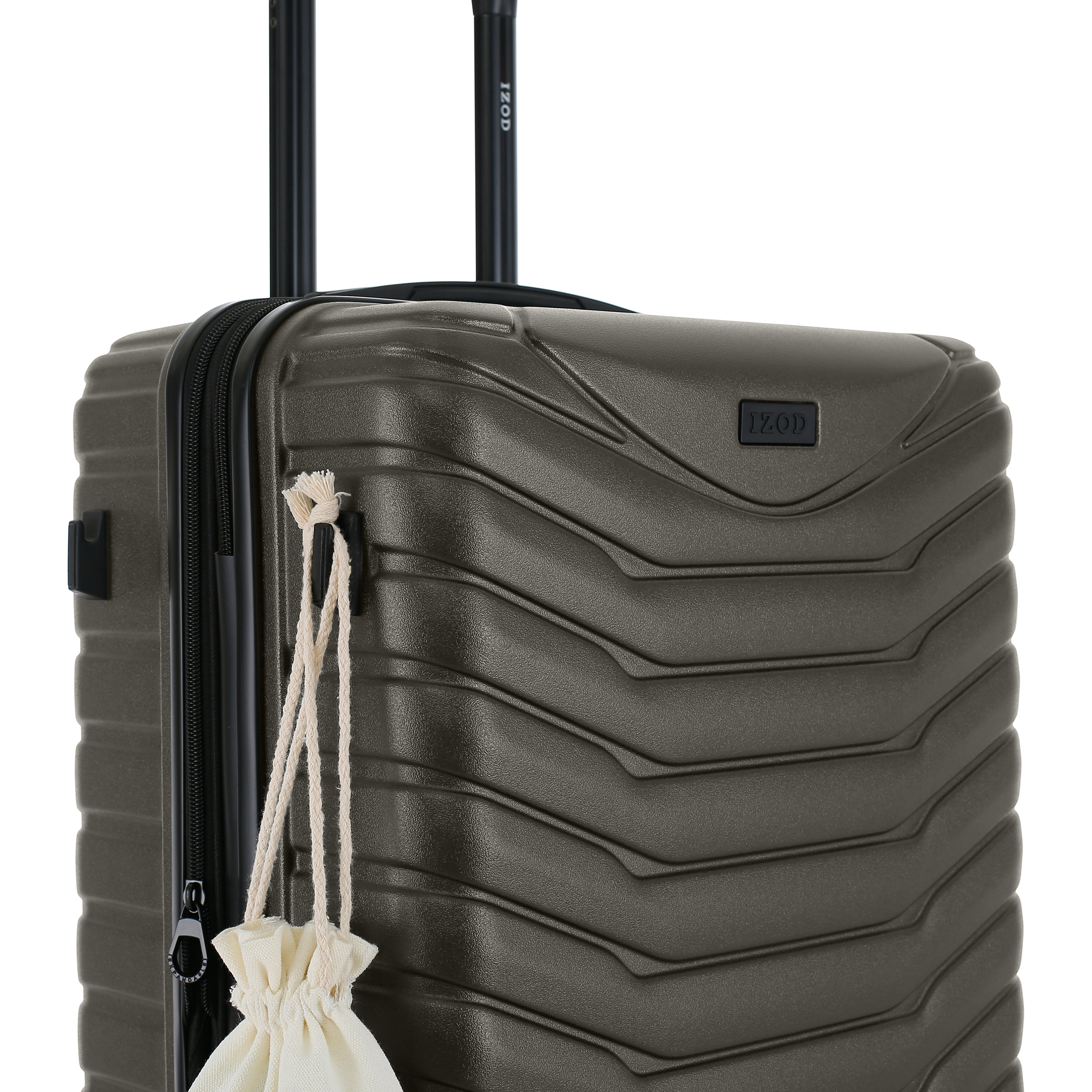 Gray suitcase with a drawstring bag attached on a white background