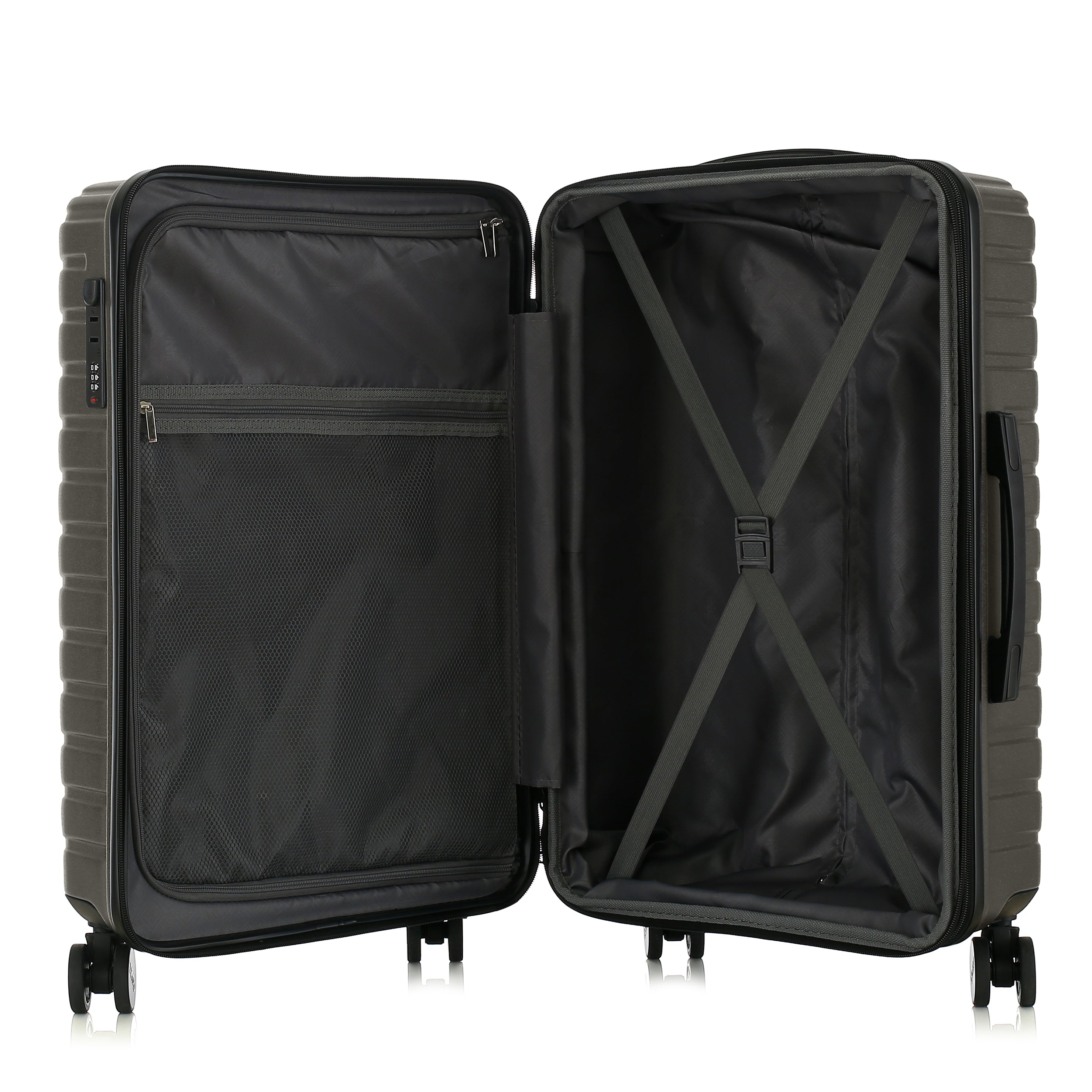 Open black suitcase on a white background