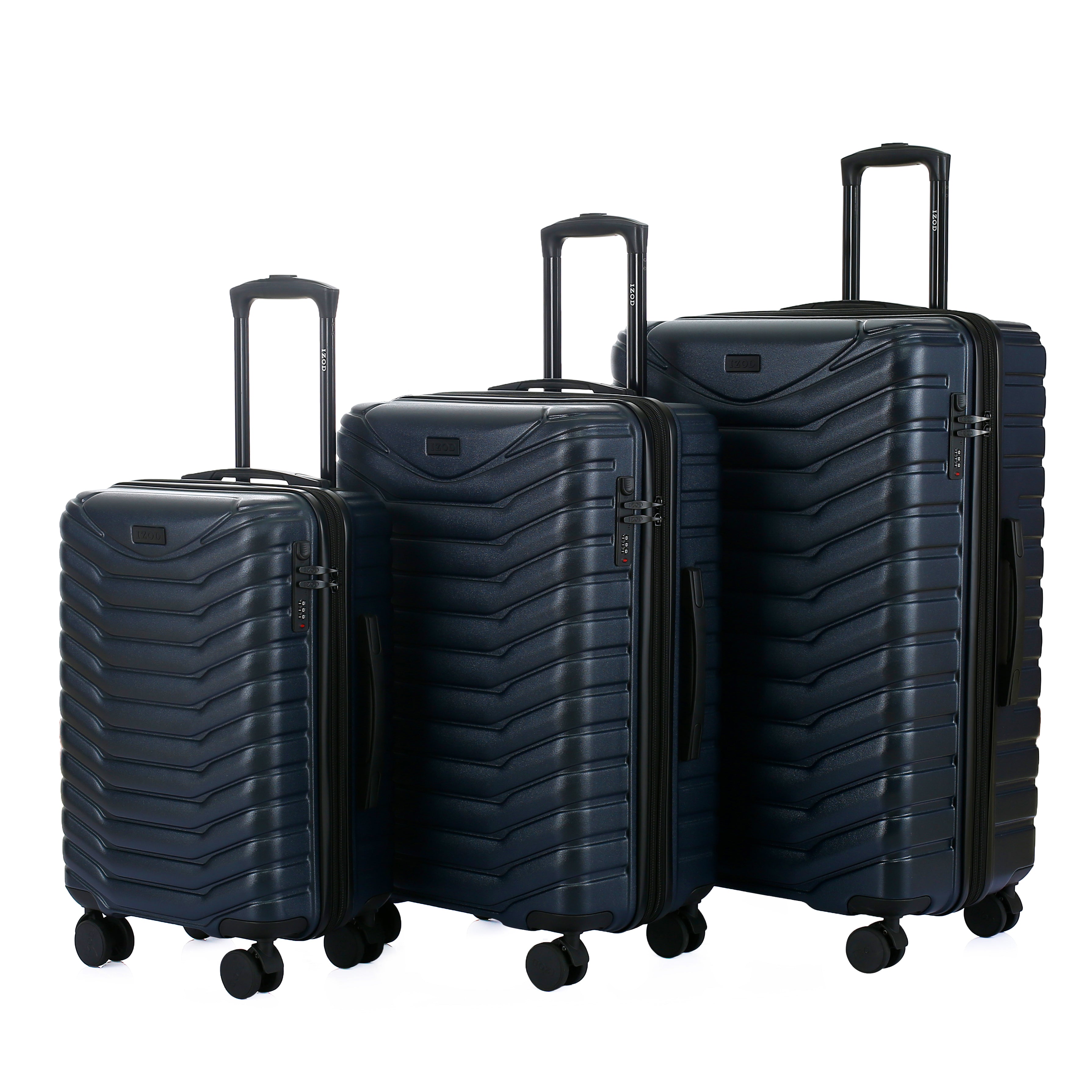Set of three navy blue suitcases with a textured surface on a white background
