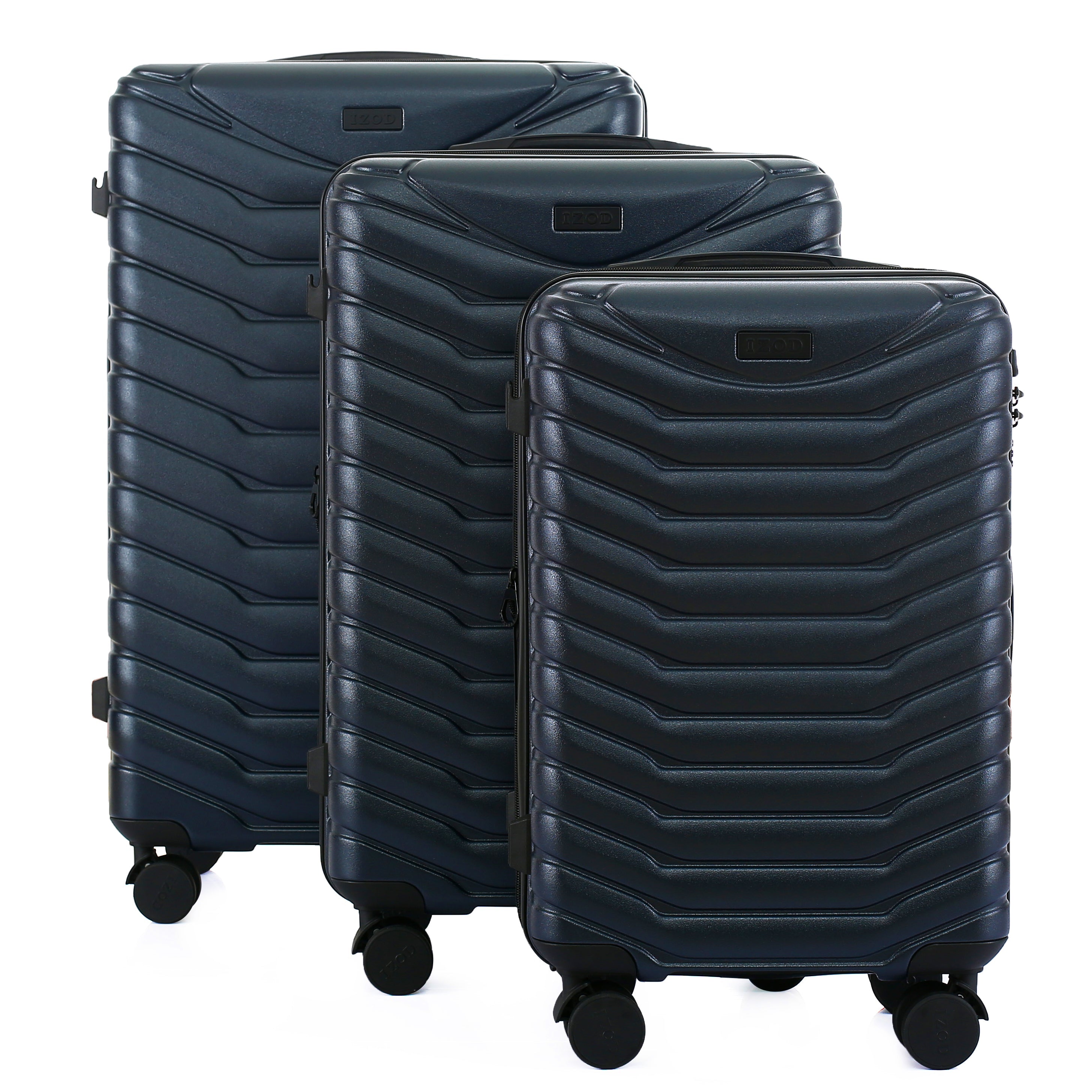 Three navy blue suitcases of different sizes on a white background