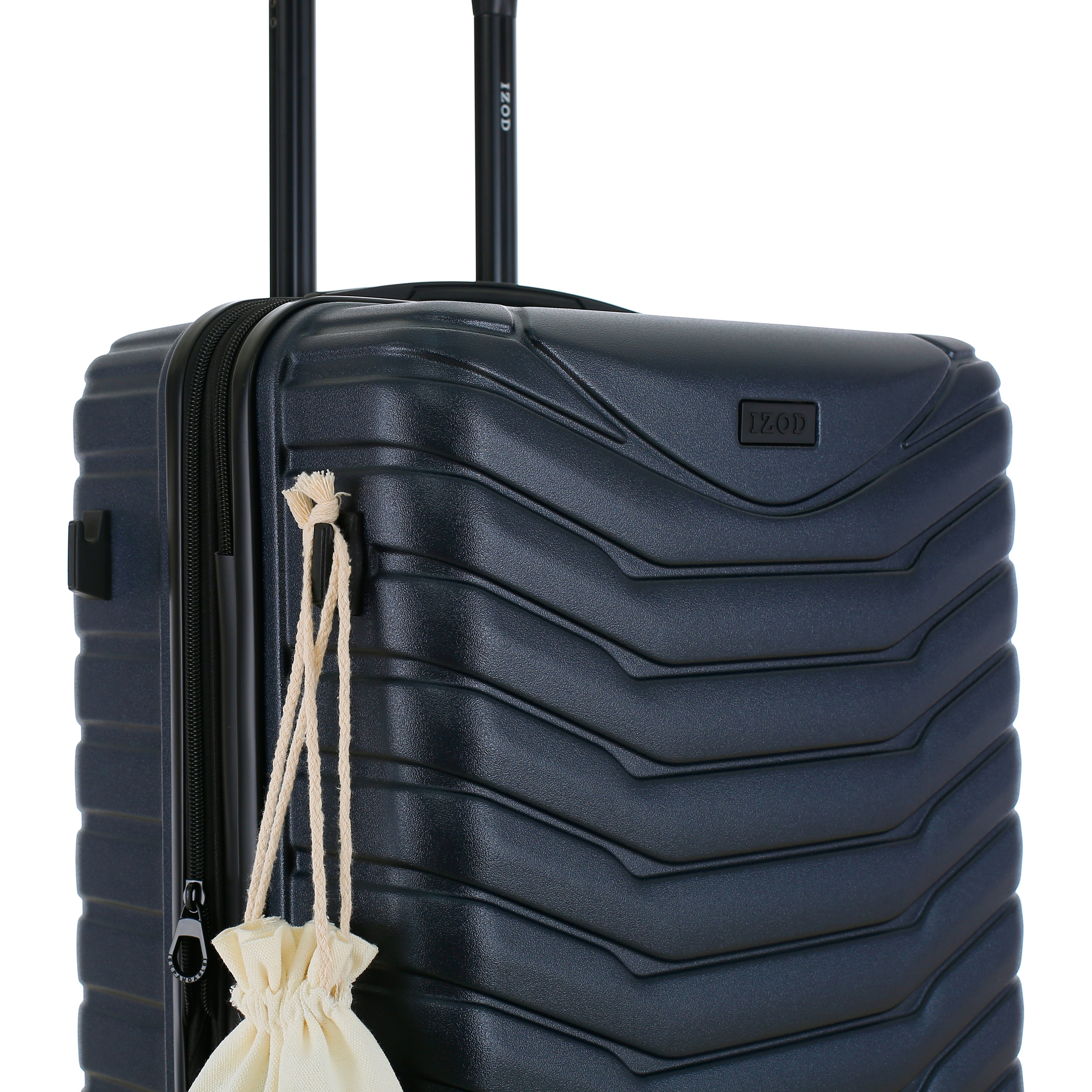 Black suitcase with a drawstring bag attached on a white background