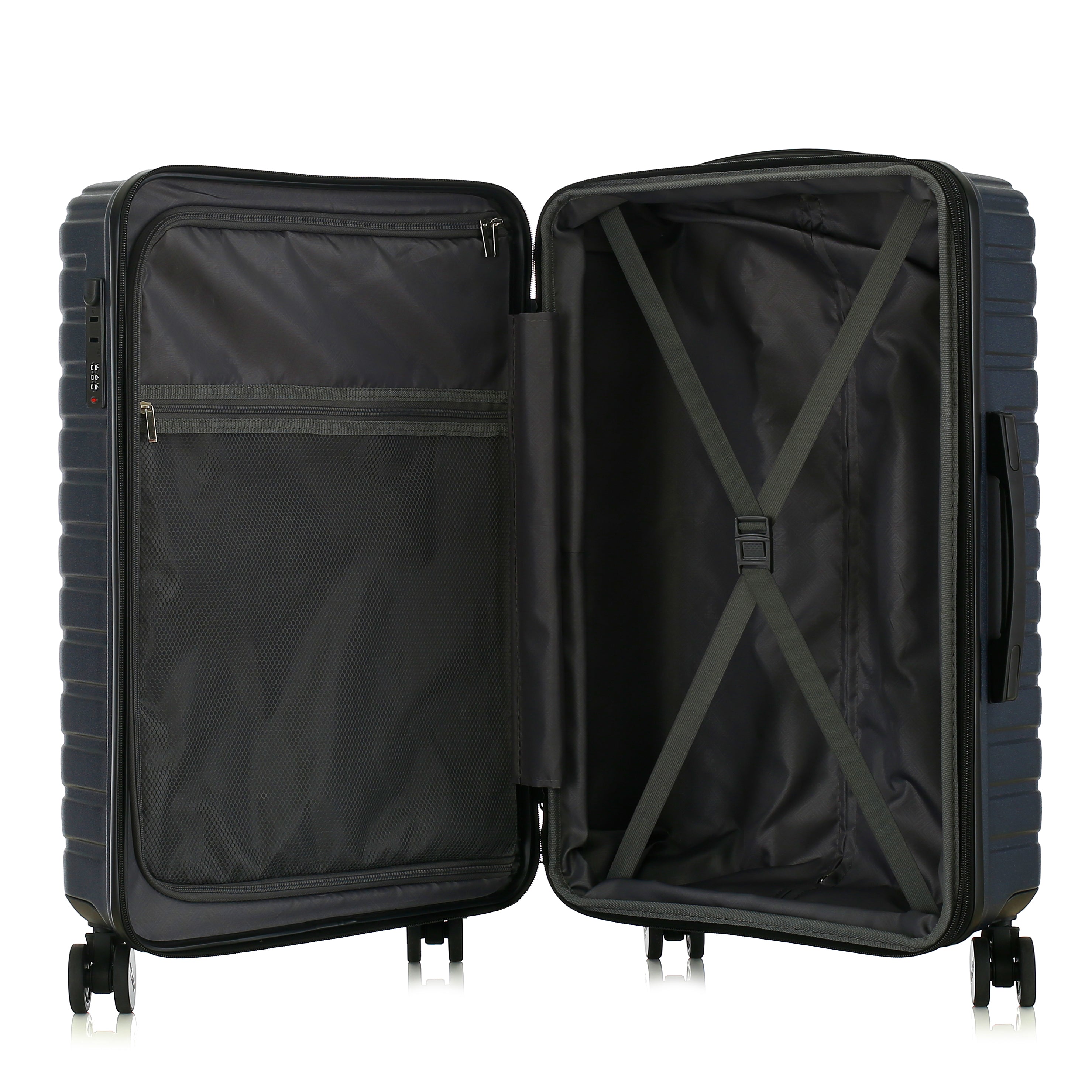 Open black suitcase on a white background