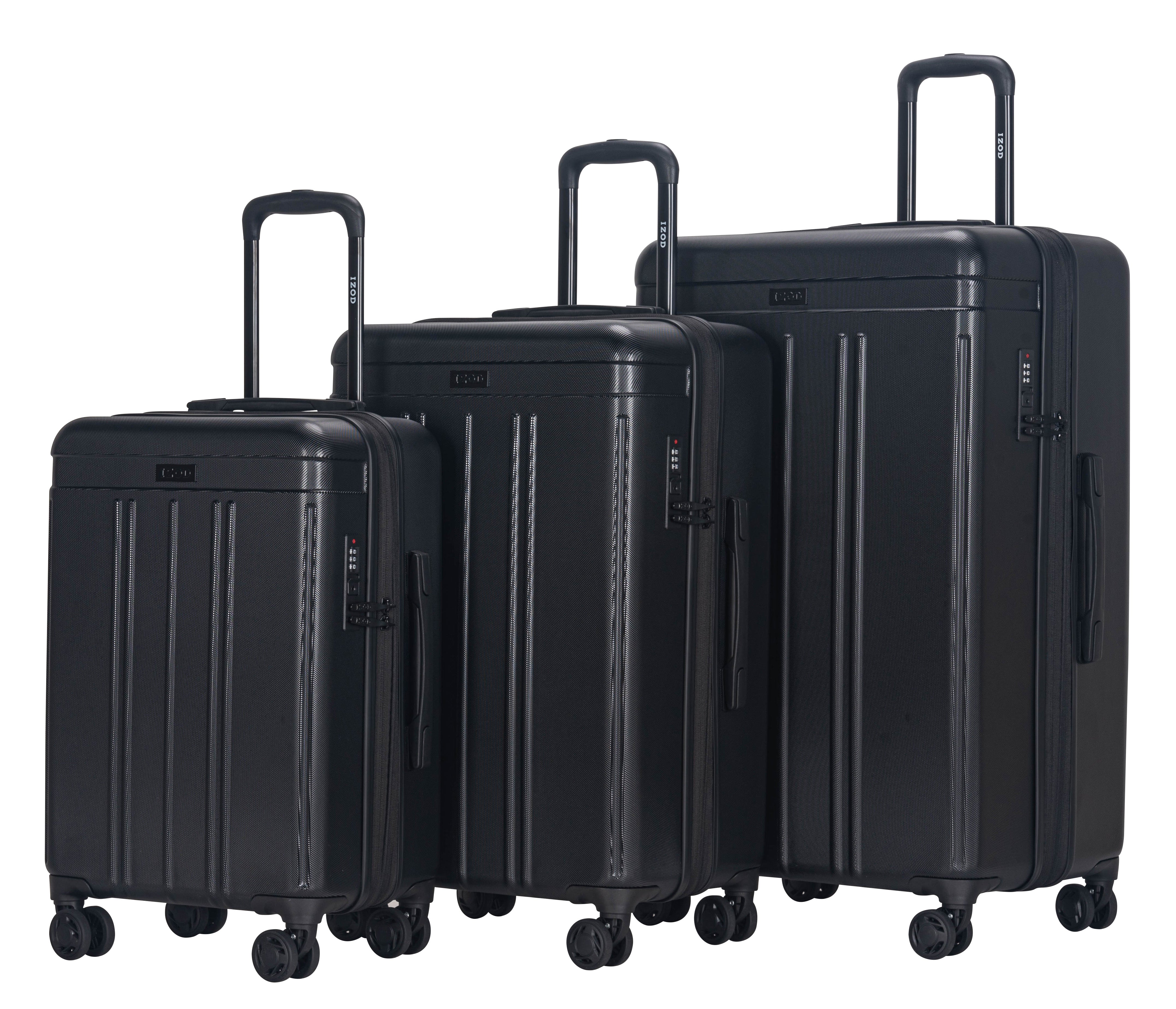 Set of three black suitcases of different sizes on a white background