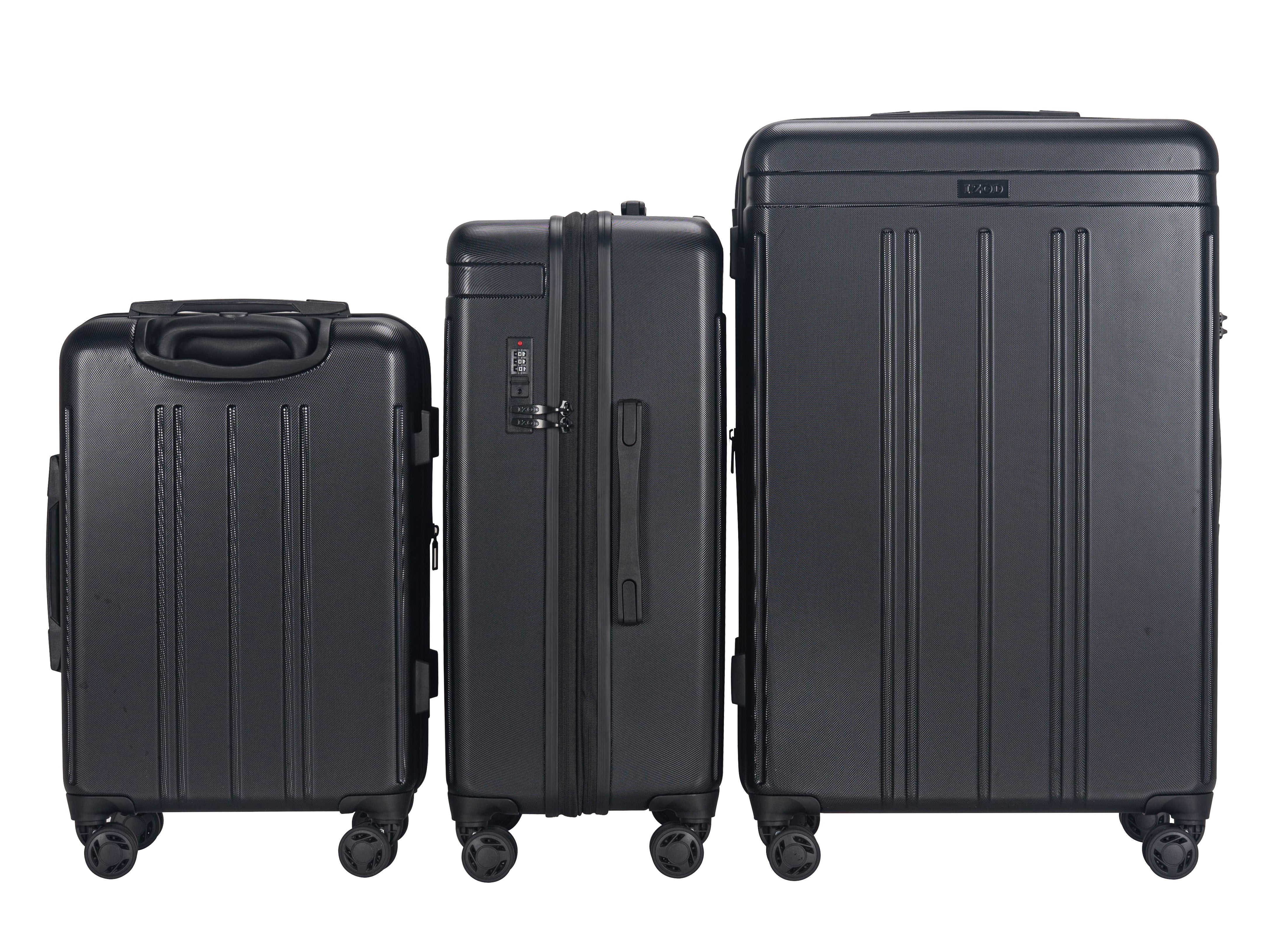 Three black suitcases of different sizes on a white background