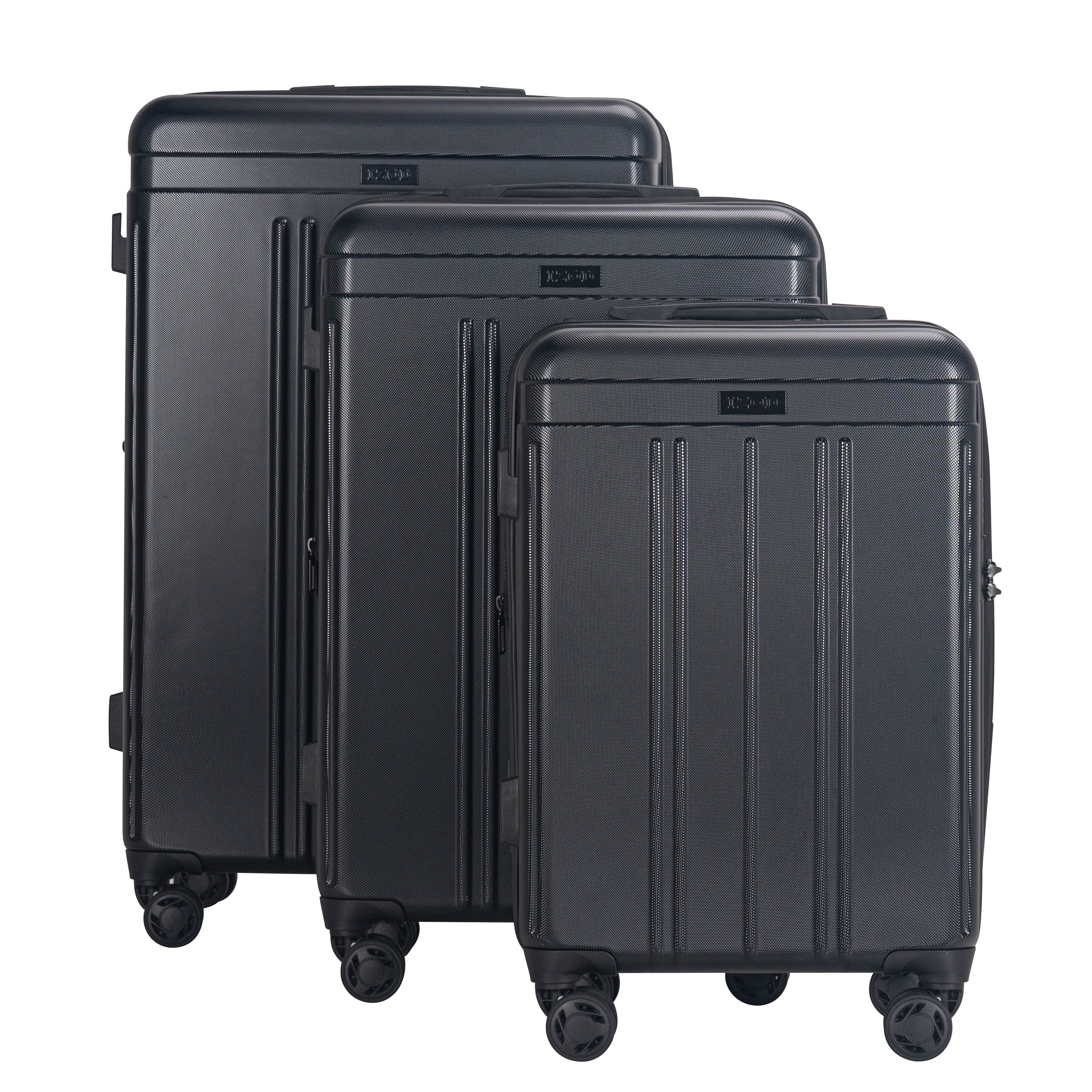 Three black suitcases of different sizes on a white background
