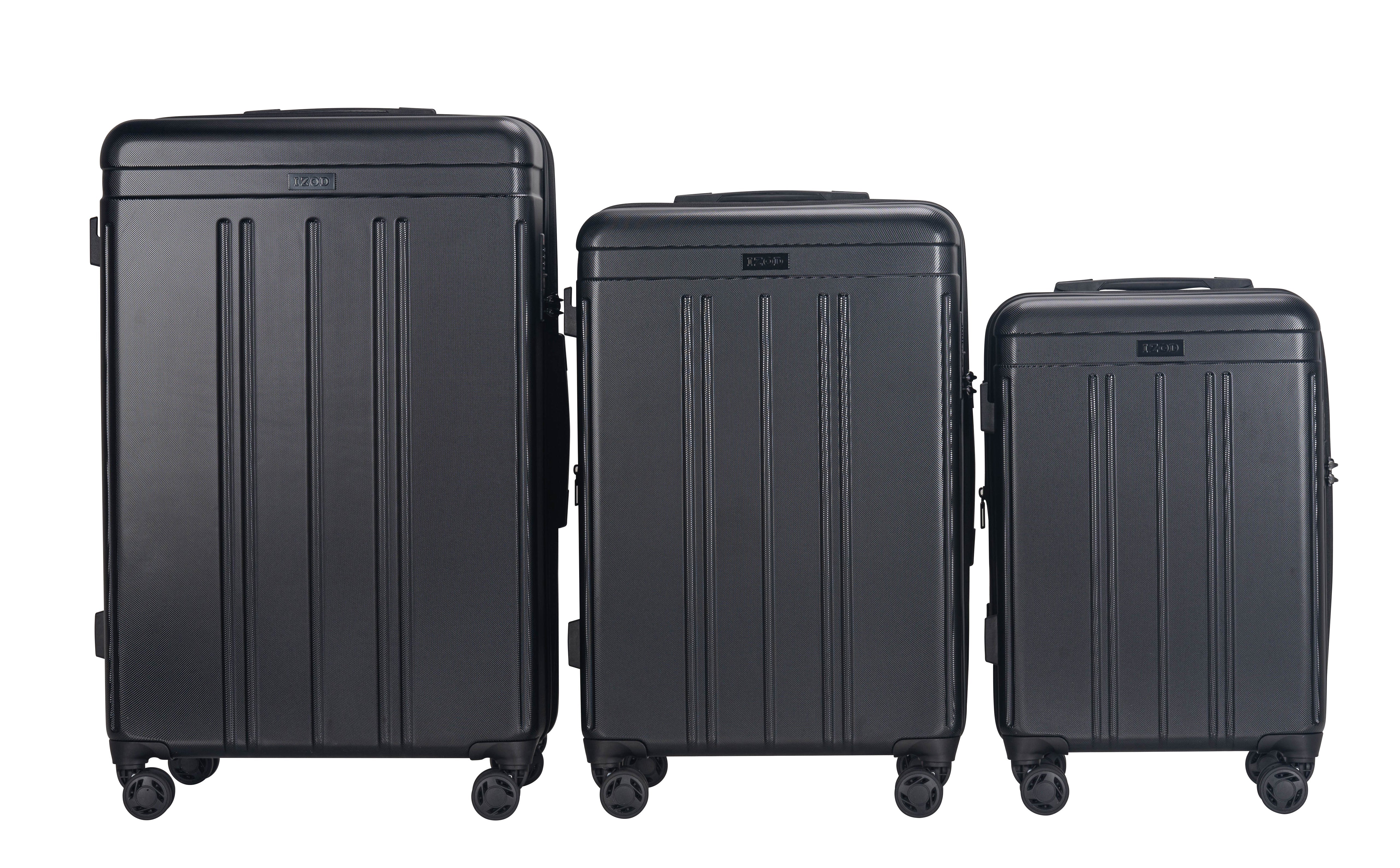 Three black suitcases of different sizes on a white background
