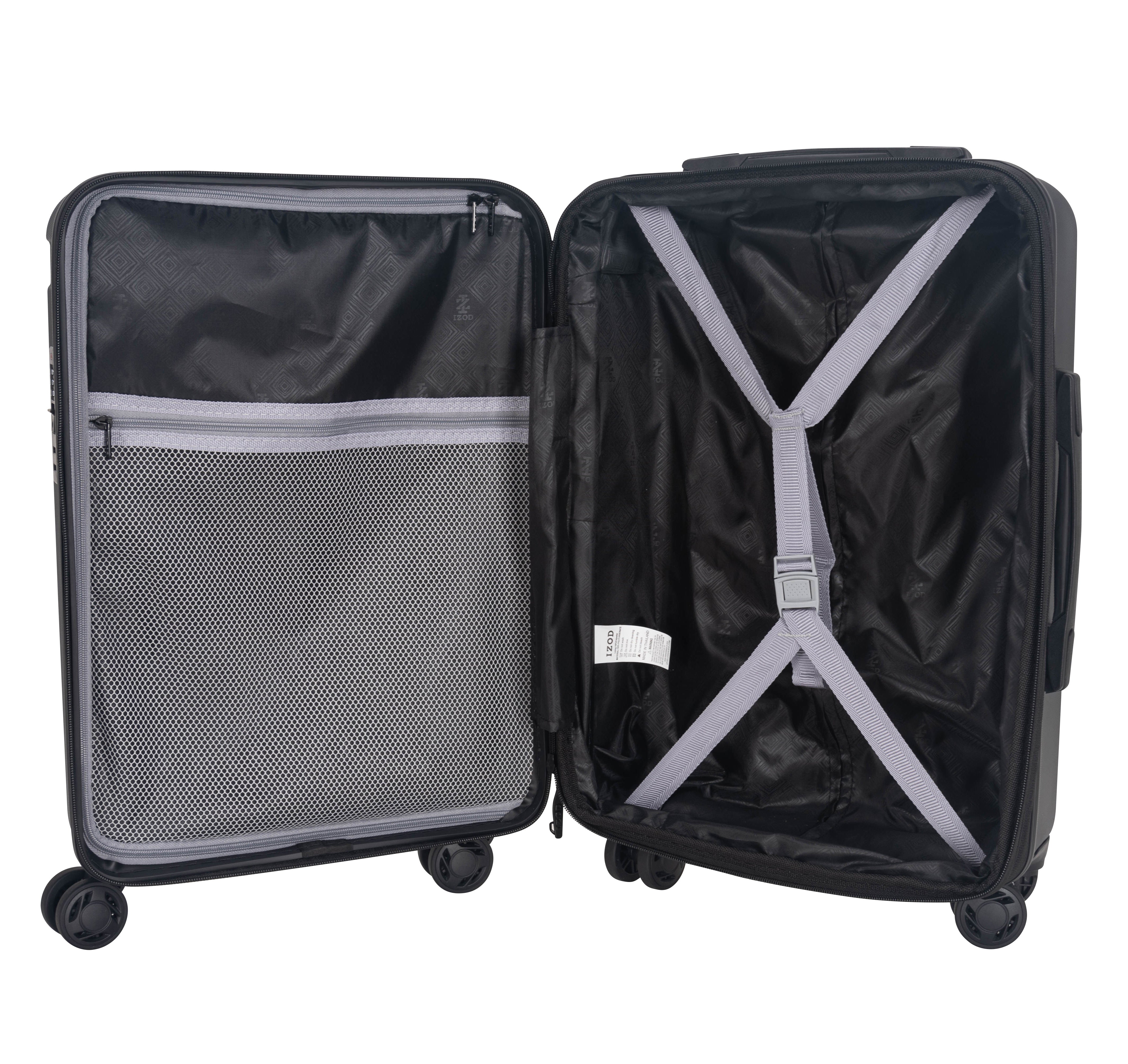 Open black suitcase with wheels on a white background