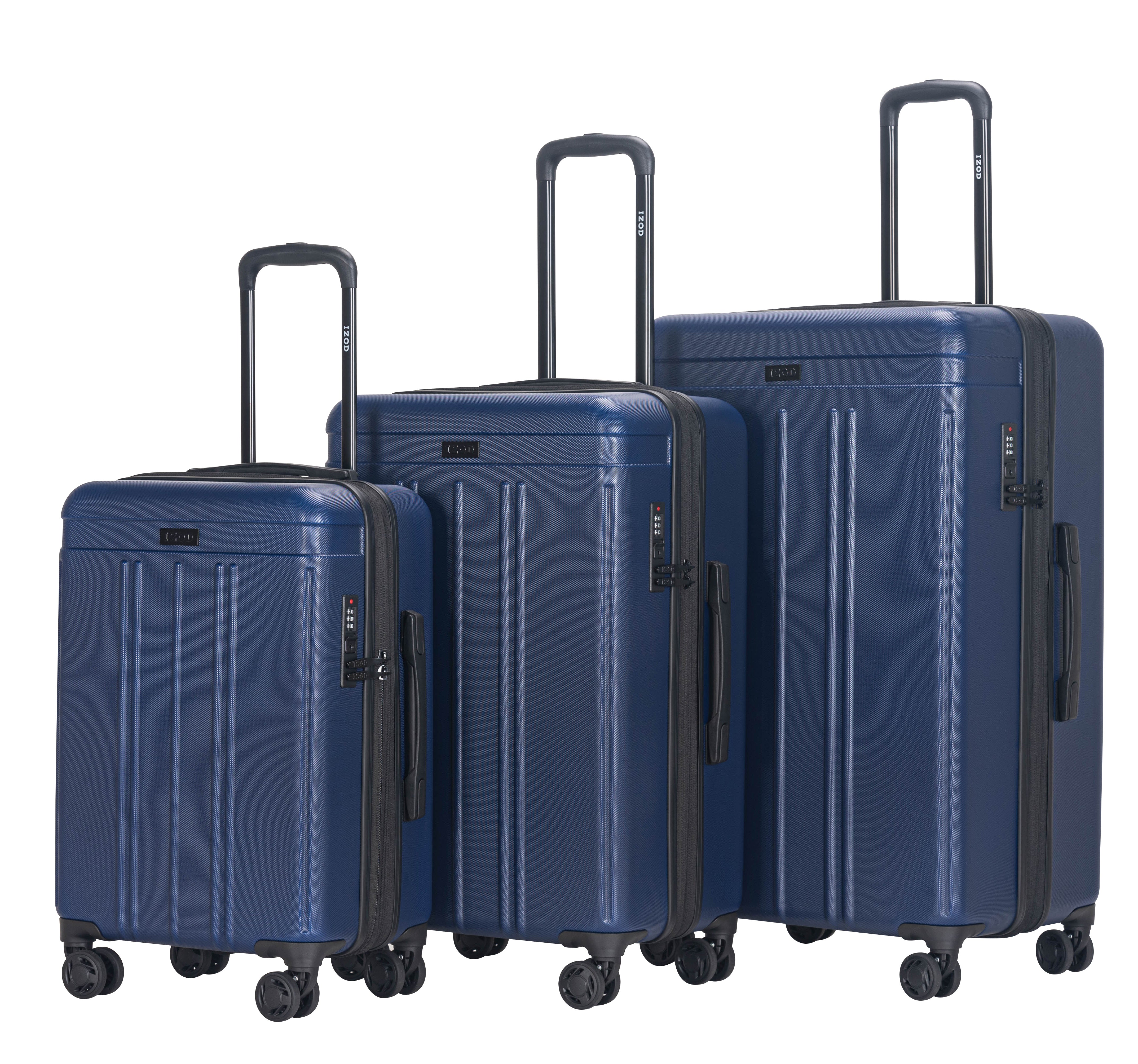 Set of three blue suitcases of different sizes on a white background