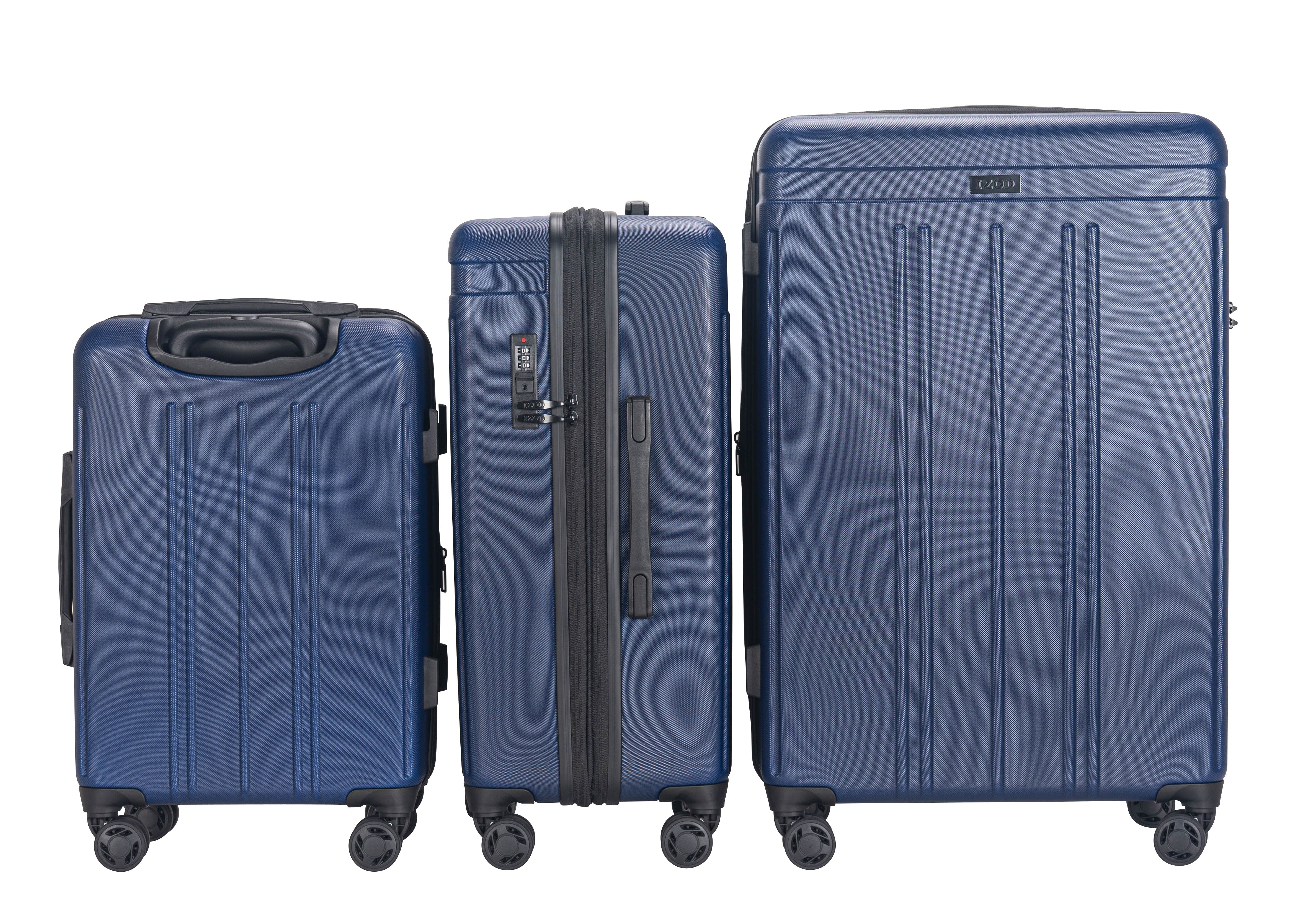 Three blue suitcases of different sizes on a white background