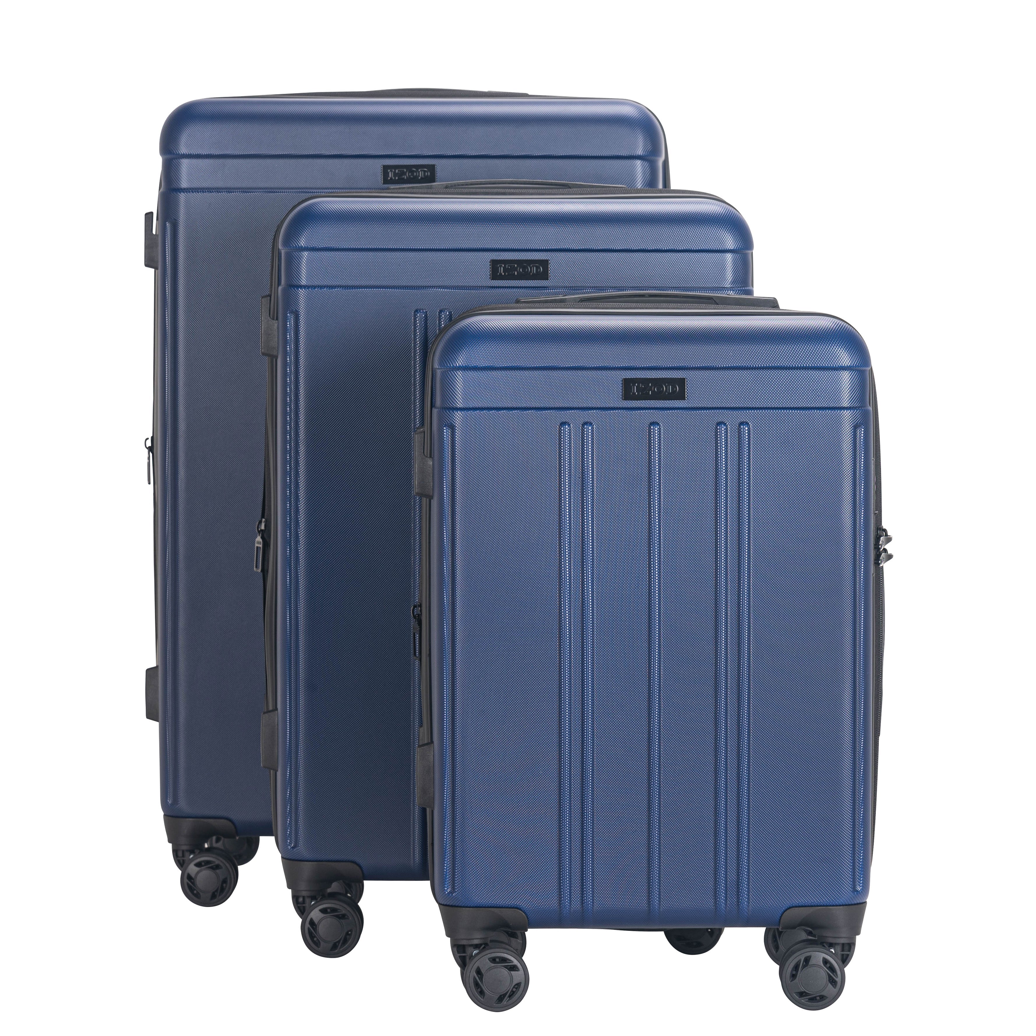 Set of three blue suitcases of different sizes on a white background