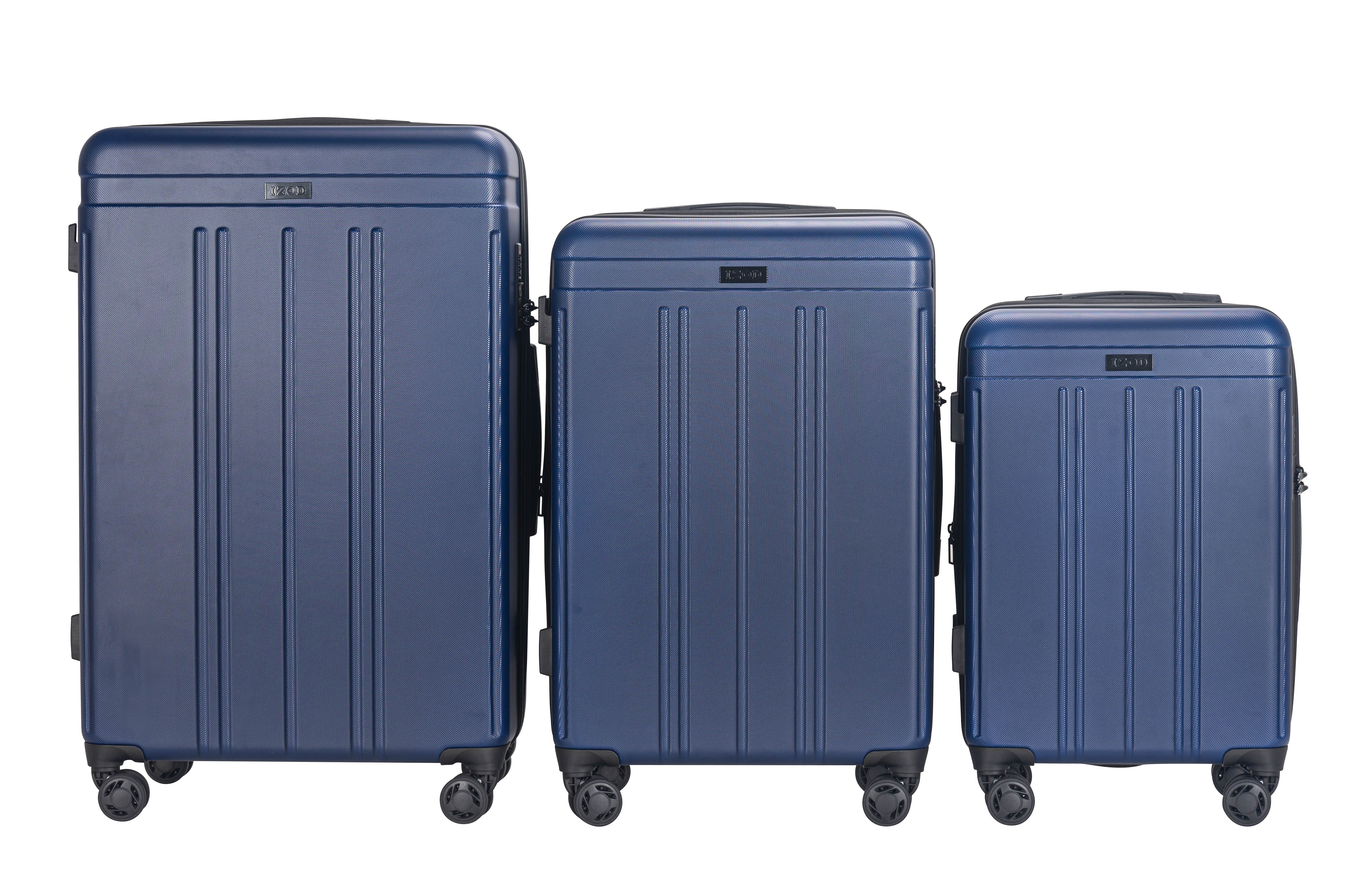 Three blue suitcases of different sizes on a white background