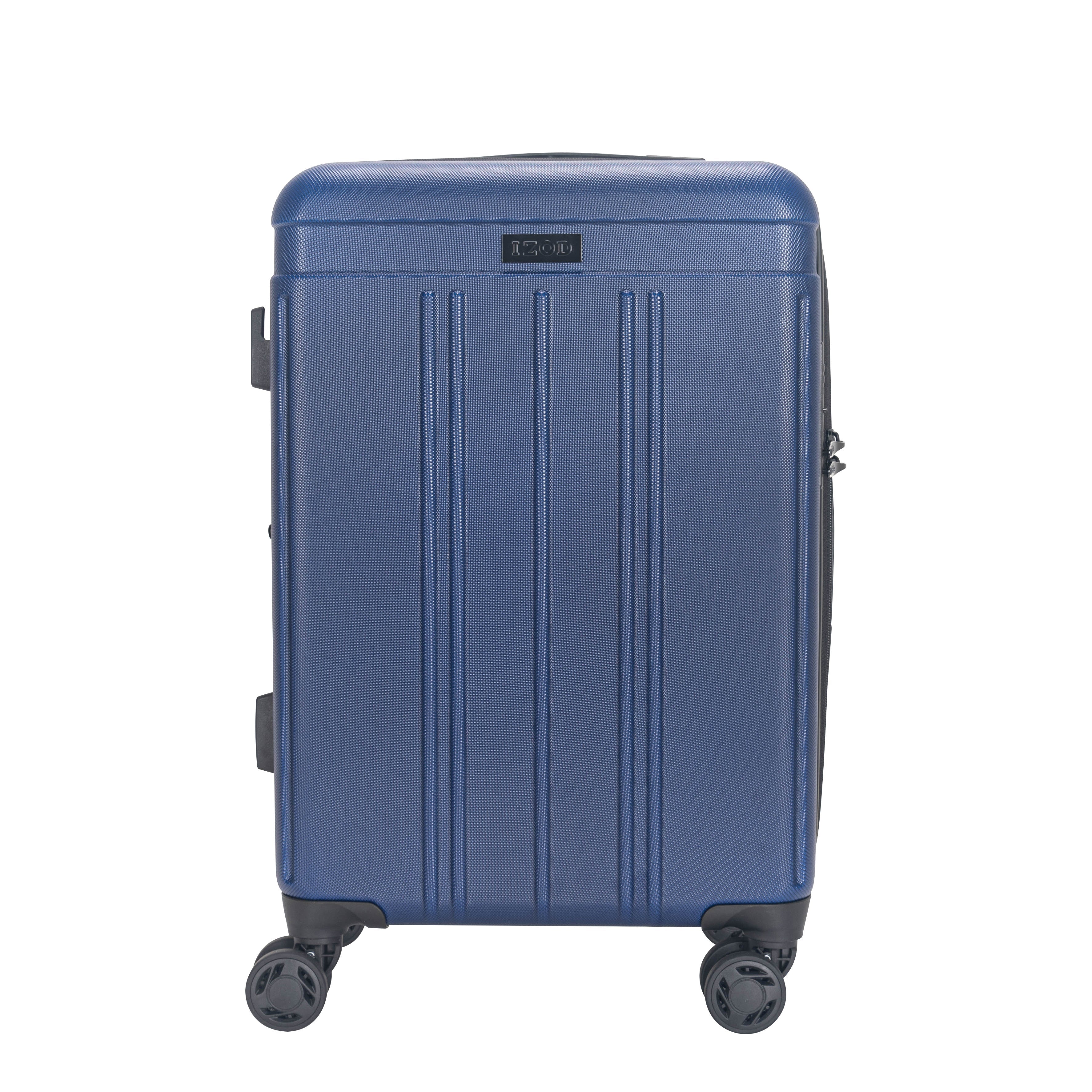 Blue suitcase with a visible brand logo on a white background