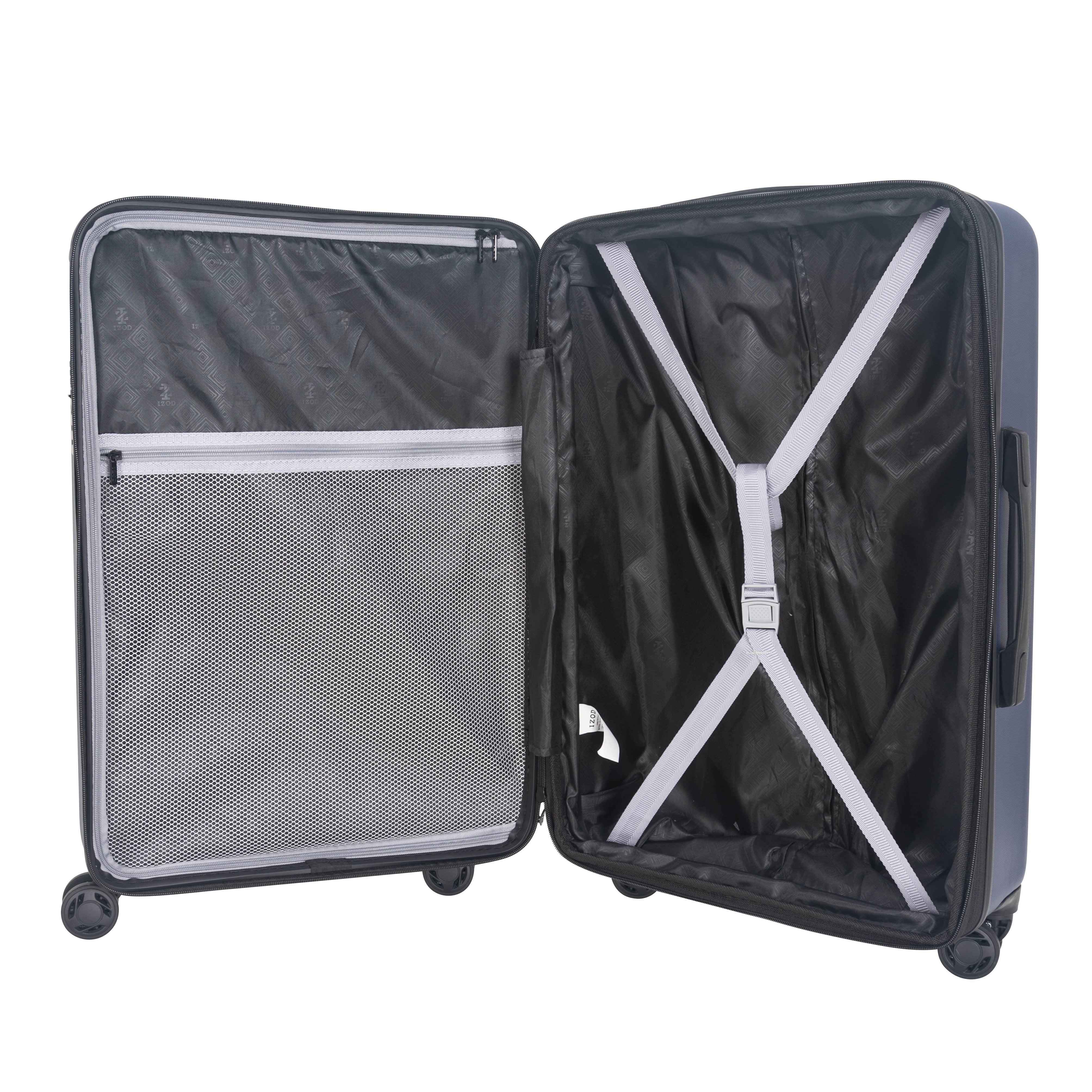 Open black suitcase with interior details on a white background