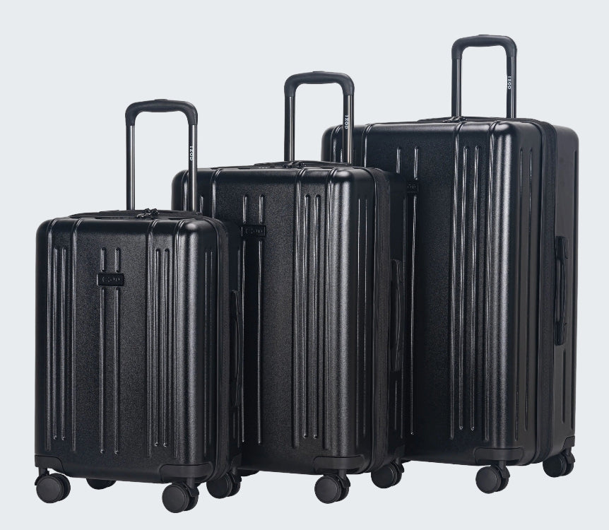 Set of three black suitcases of different sizes on a white background