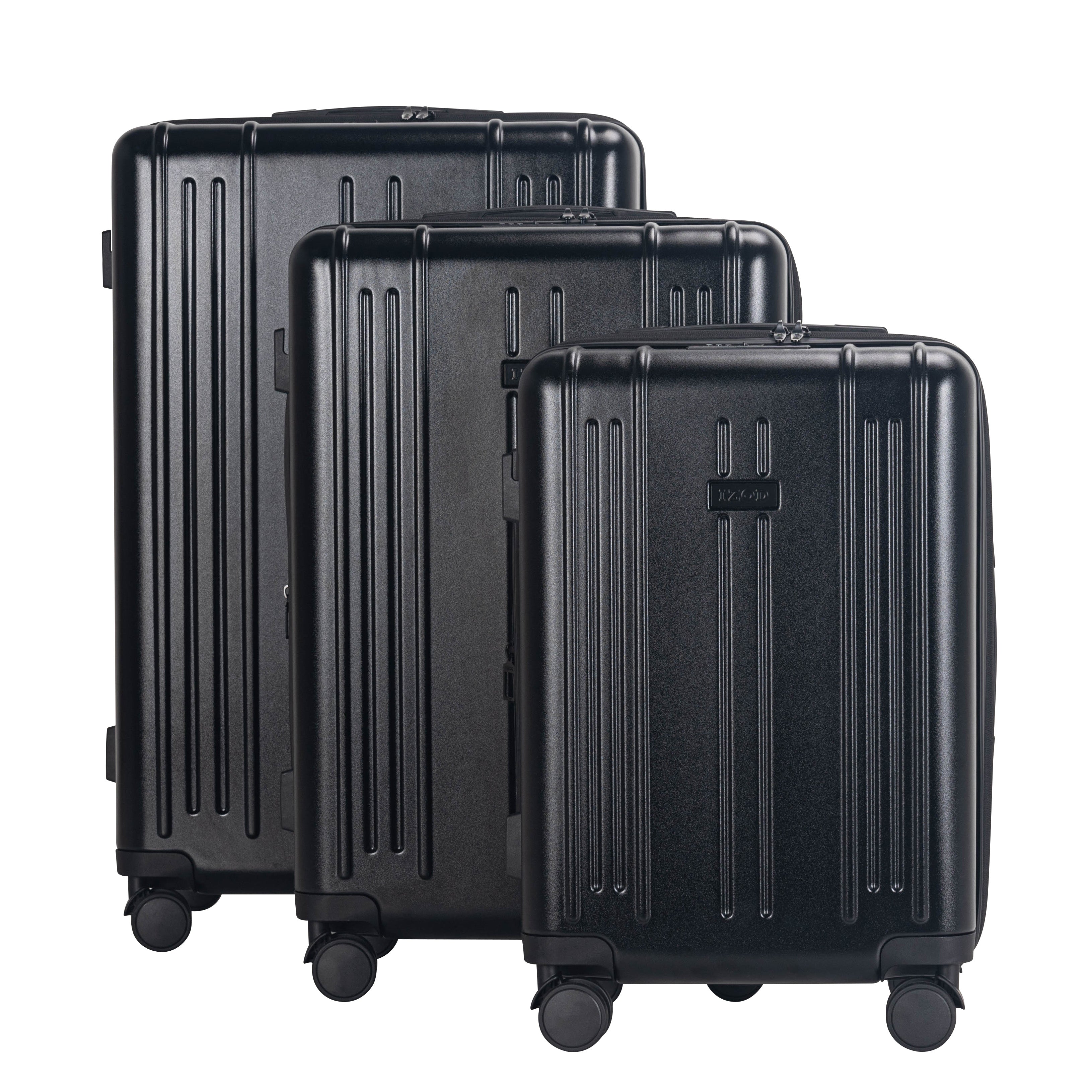 Three black suitcases of different sizes on a white background