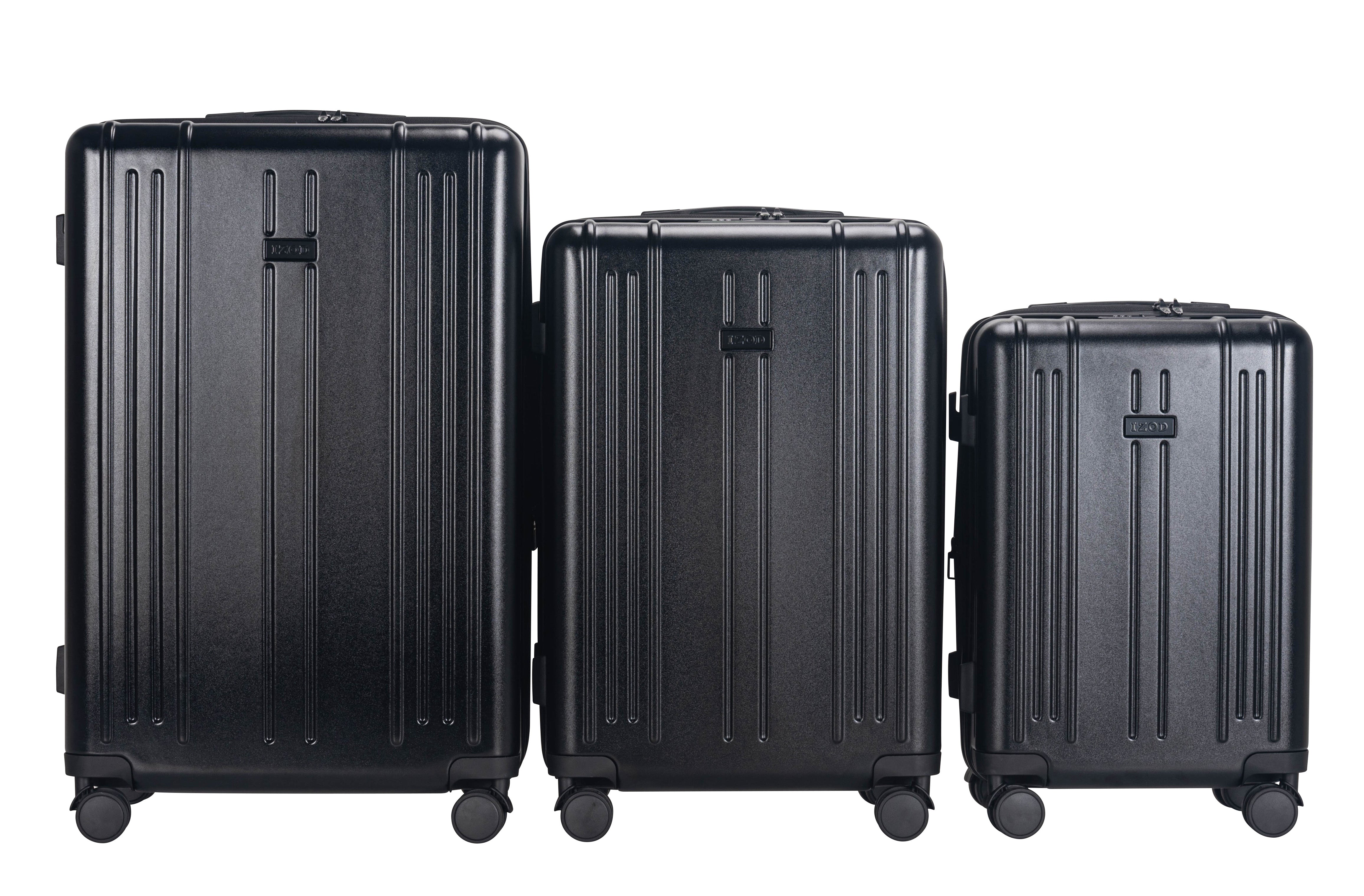 Three black suitcases of different sizes on a white background