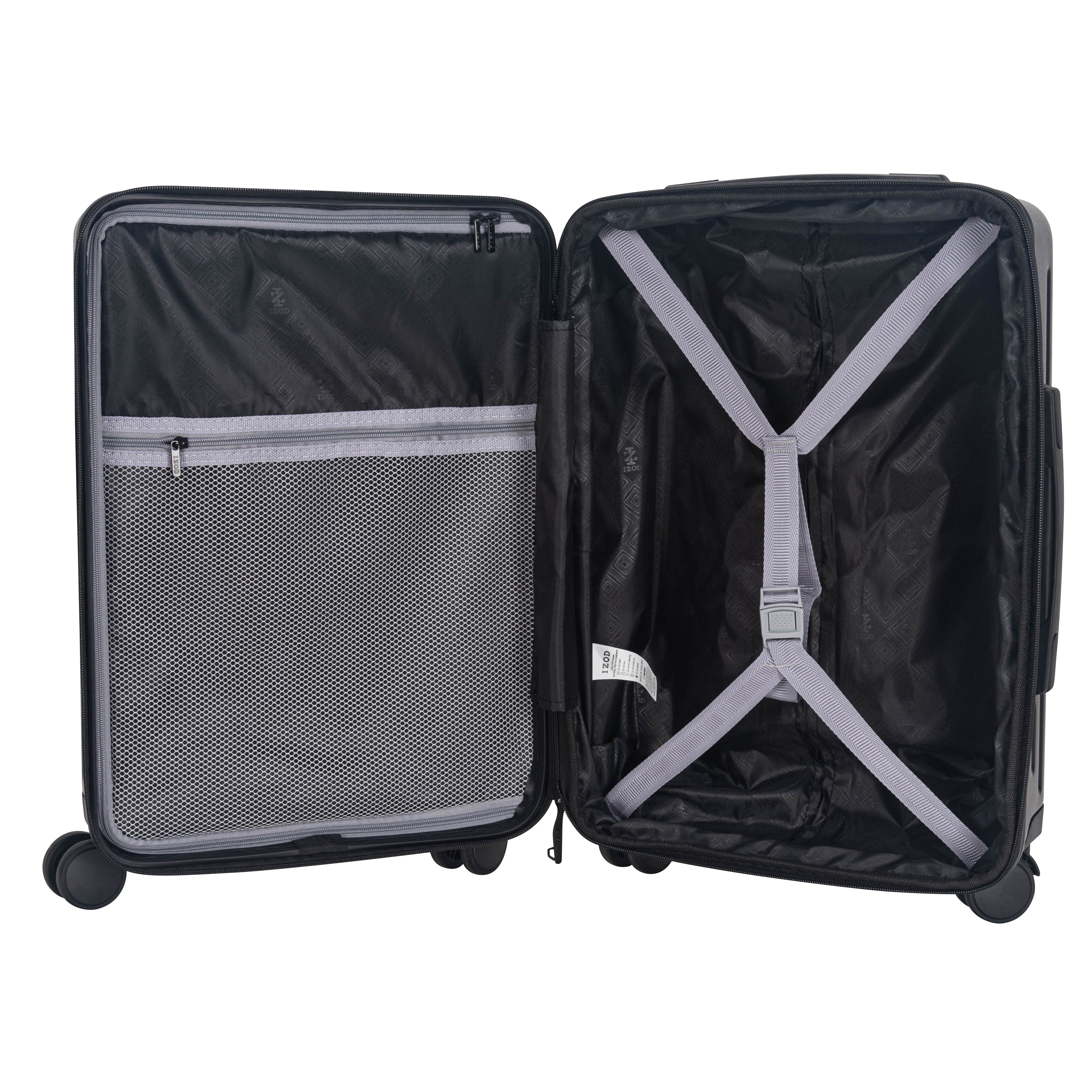Black open suitcase with interior compartments on a white background